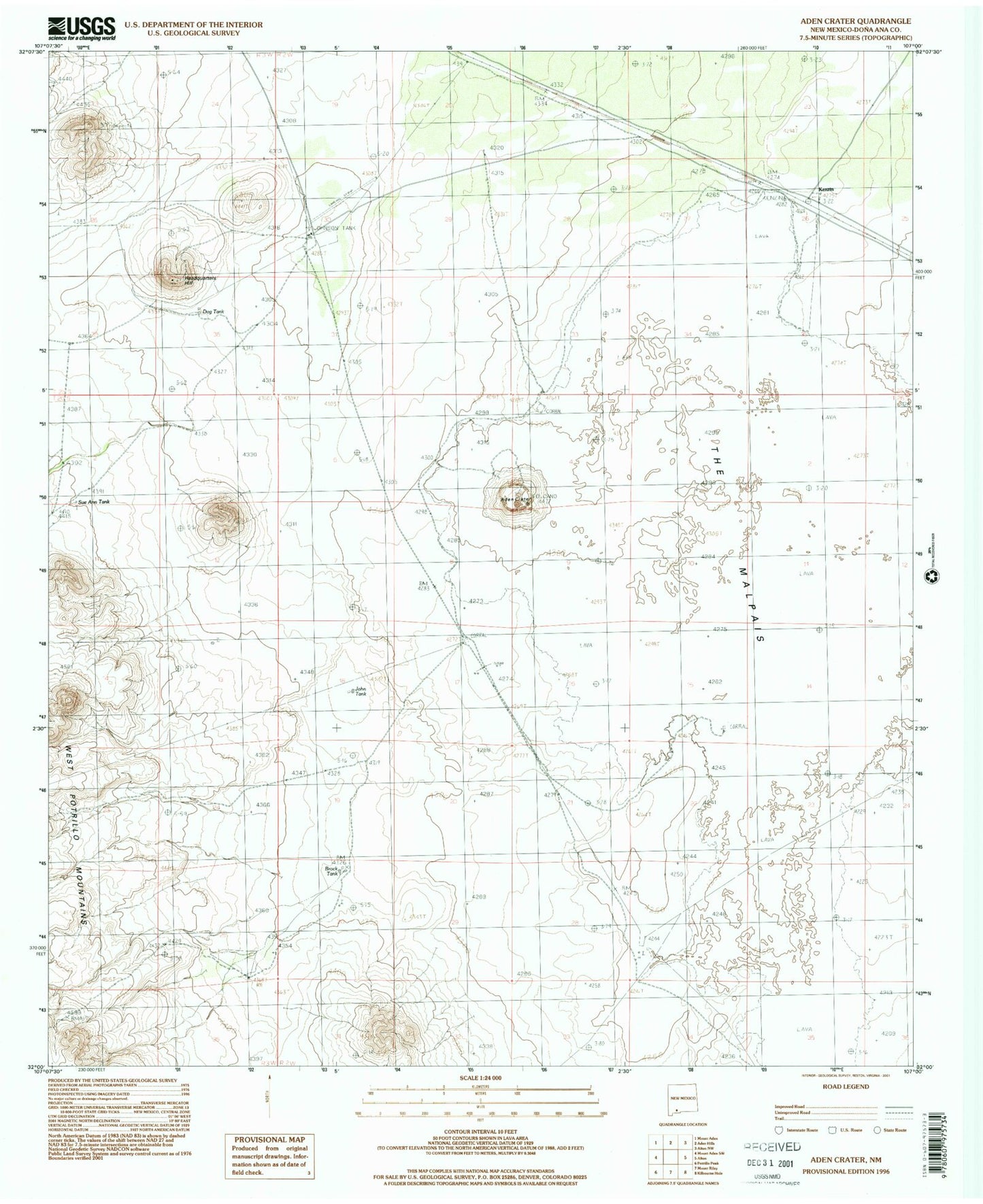 Classic USGS Aden Crater New Mexico 7.5'x7.5' Topo Map Image
