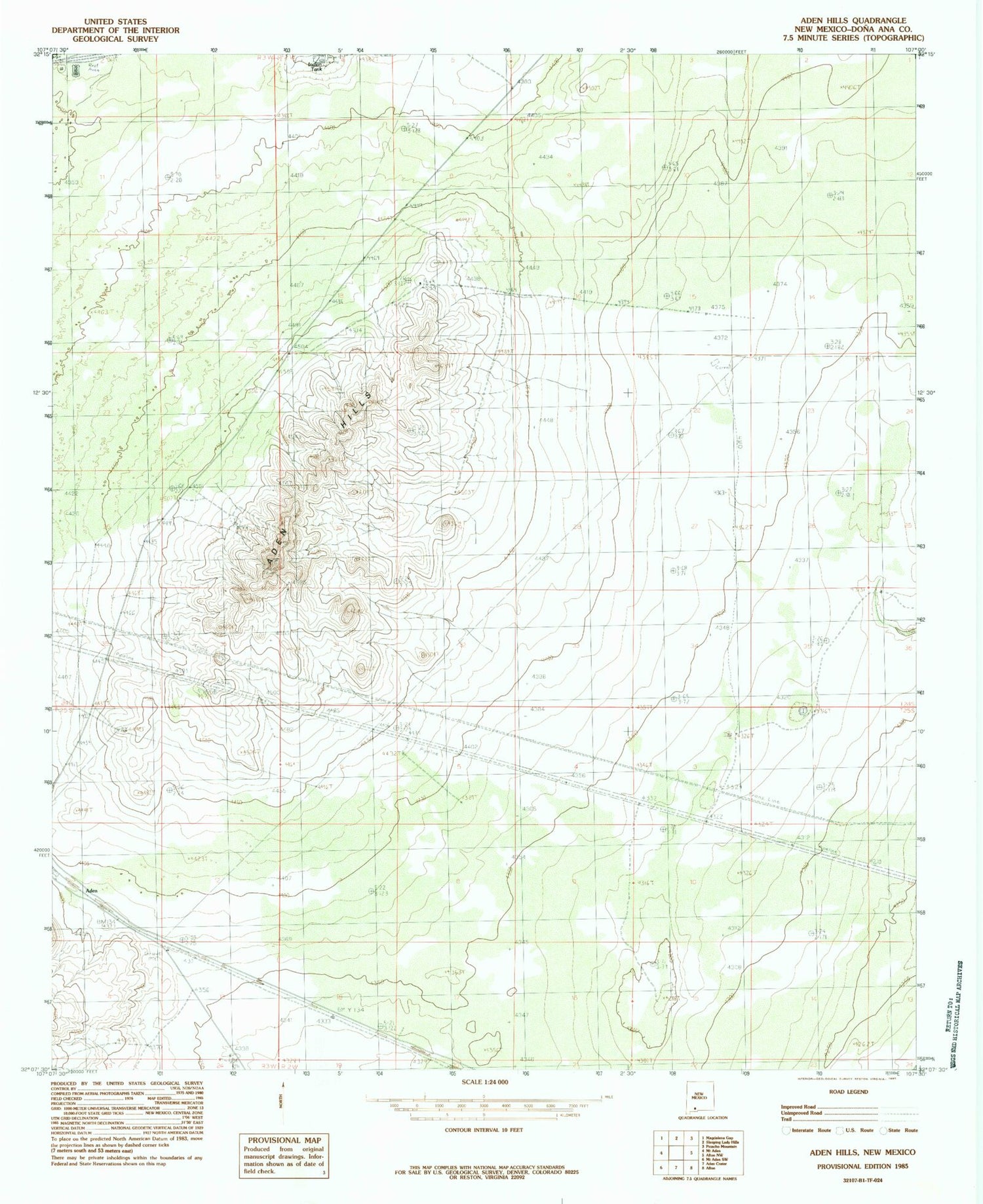 Classic USGS Aden Hills New Mexico 7.5'x7.5' Topo Map Image