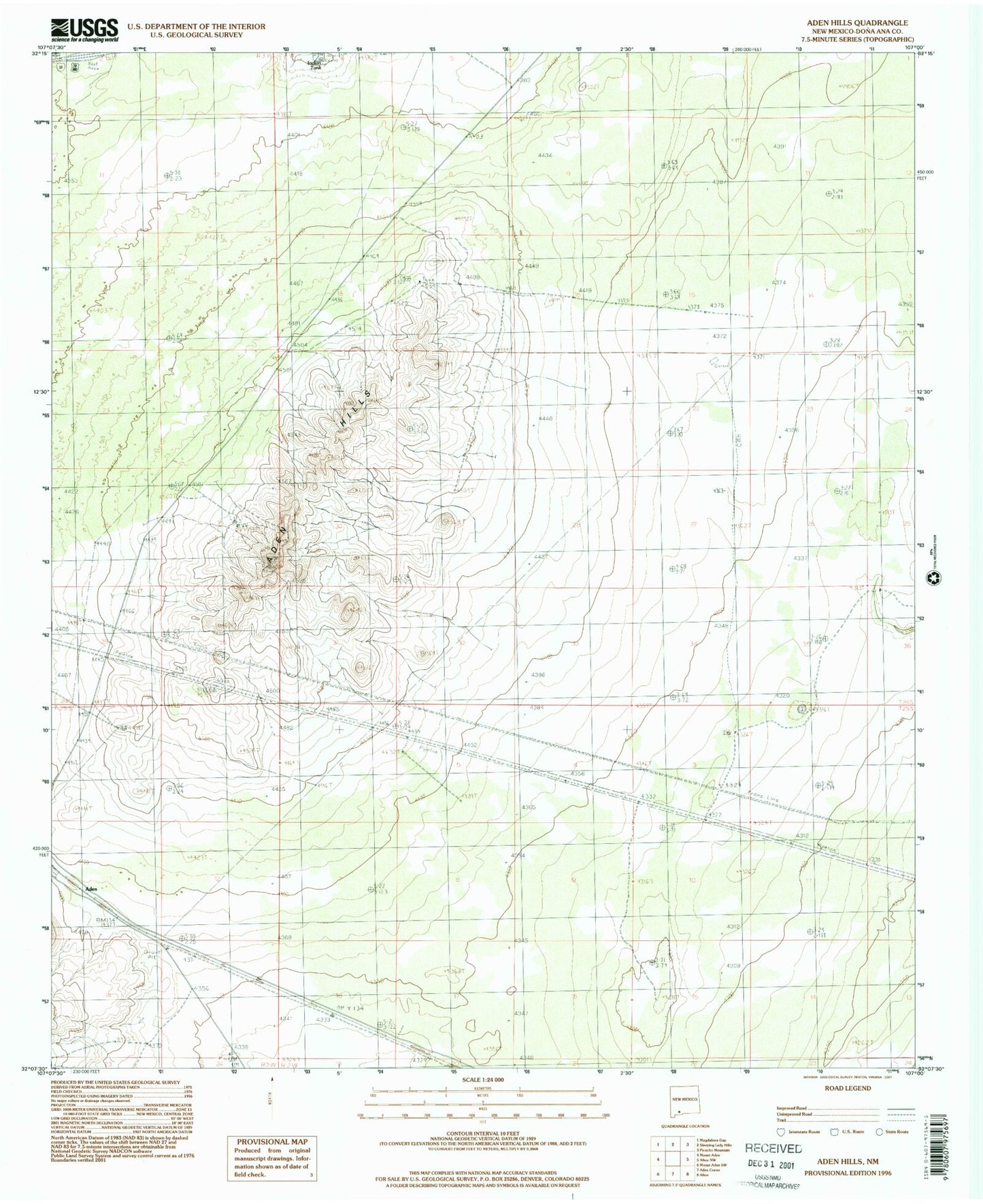 Classic USGS Aden Hills New Mexico 7.5'x7.5' Topo Map Image