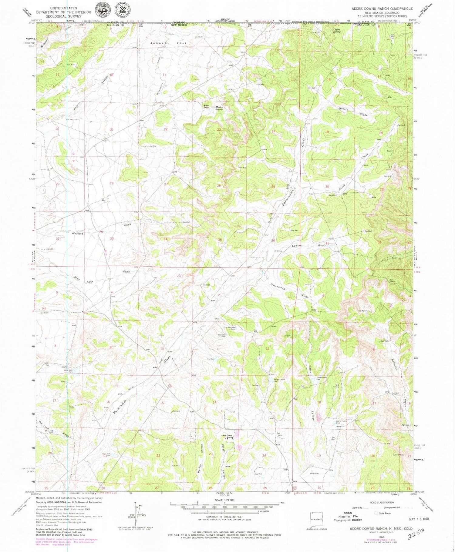 Classic USGS Adobe Downs Ranch New Mexico 7.5'x7.5' Topo Map Image