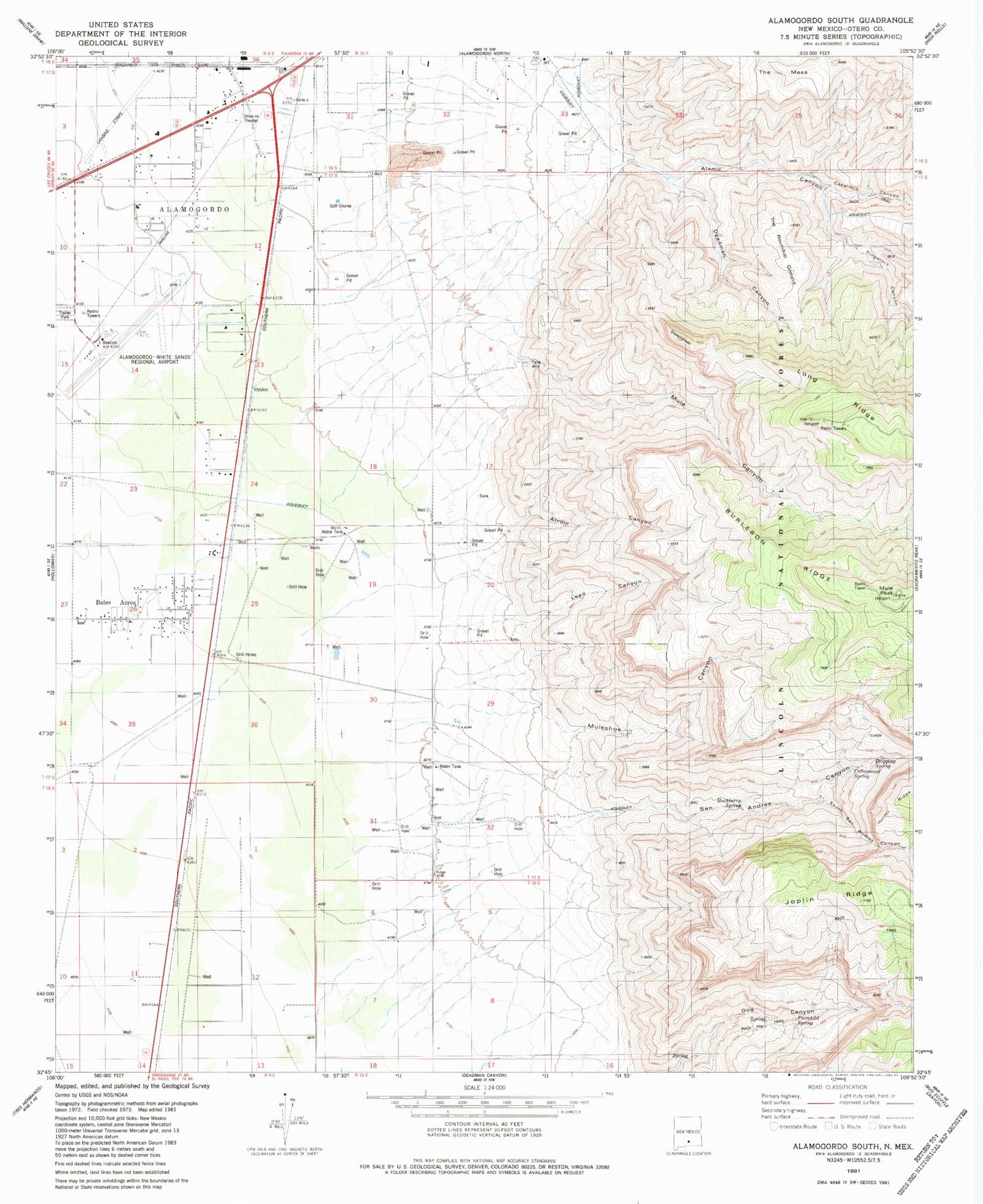 Classic USGS Alamogordo South New Mexico 7.5'x7.5' Topo Map Image