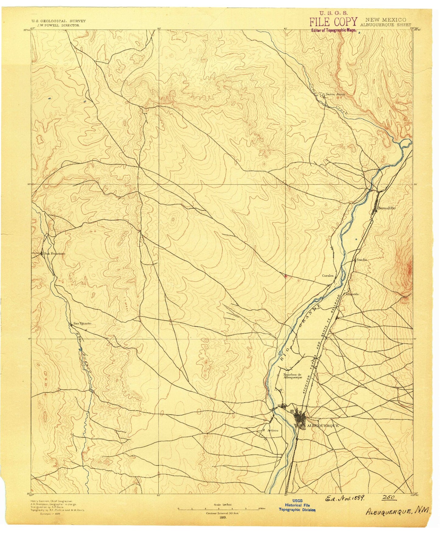 Historic 1889 Bernalillo New Mexico 30'x30' Topo Map Image