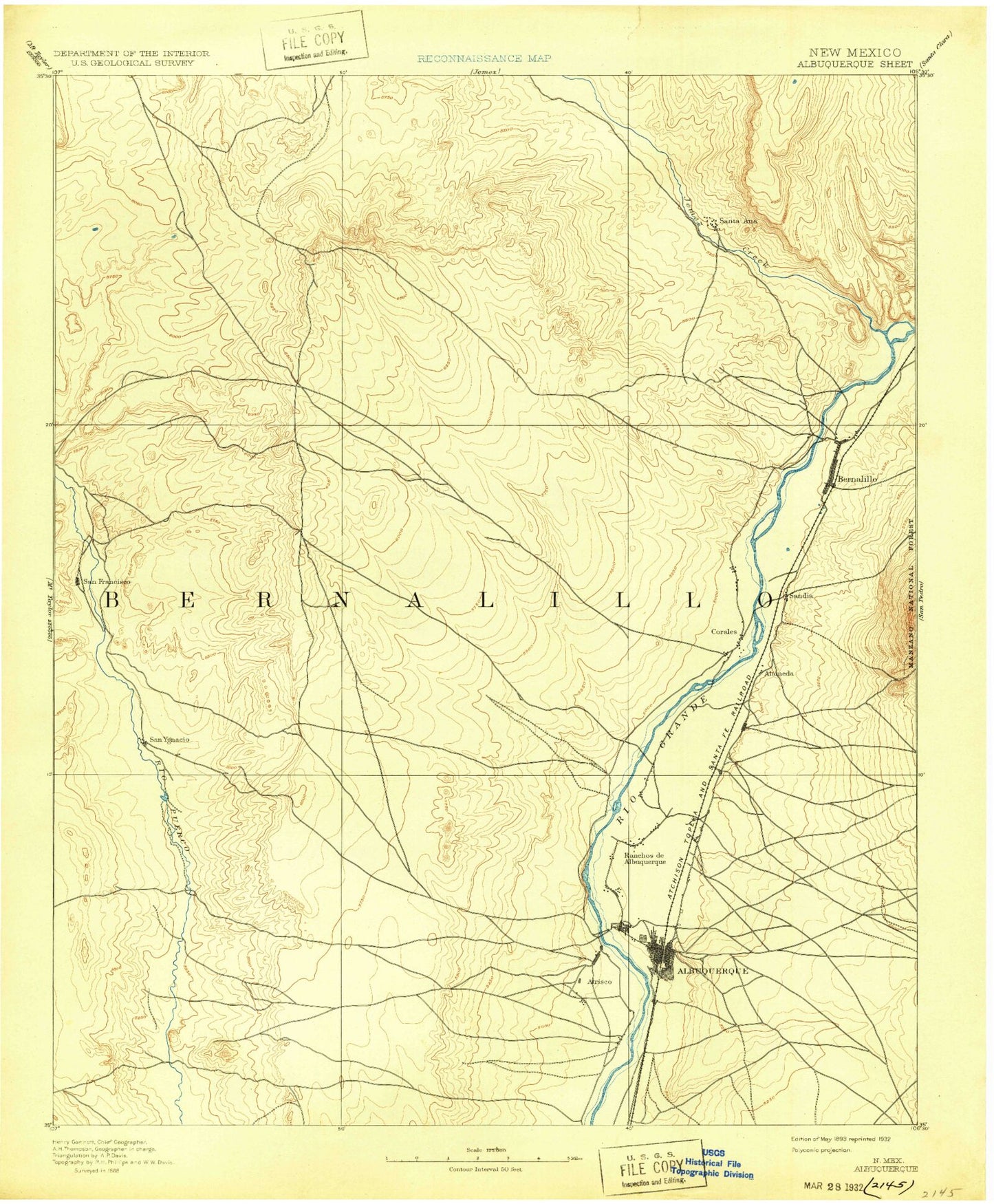 Historic 1893 Bernalillo New Mexico 30'x30' Topo Map Image