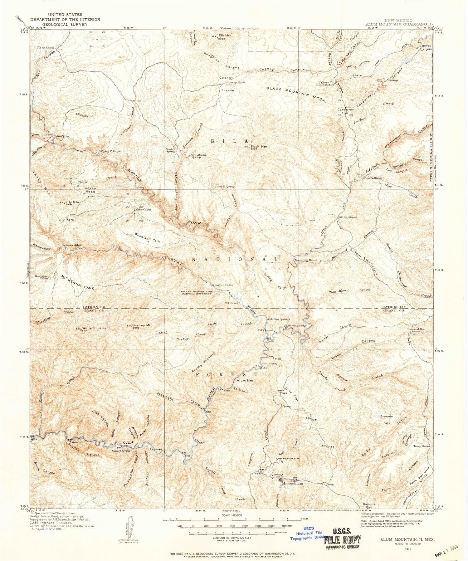 Historic 1911 Alum Mountain New Mexico 30'x30' Topo Map Image