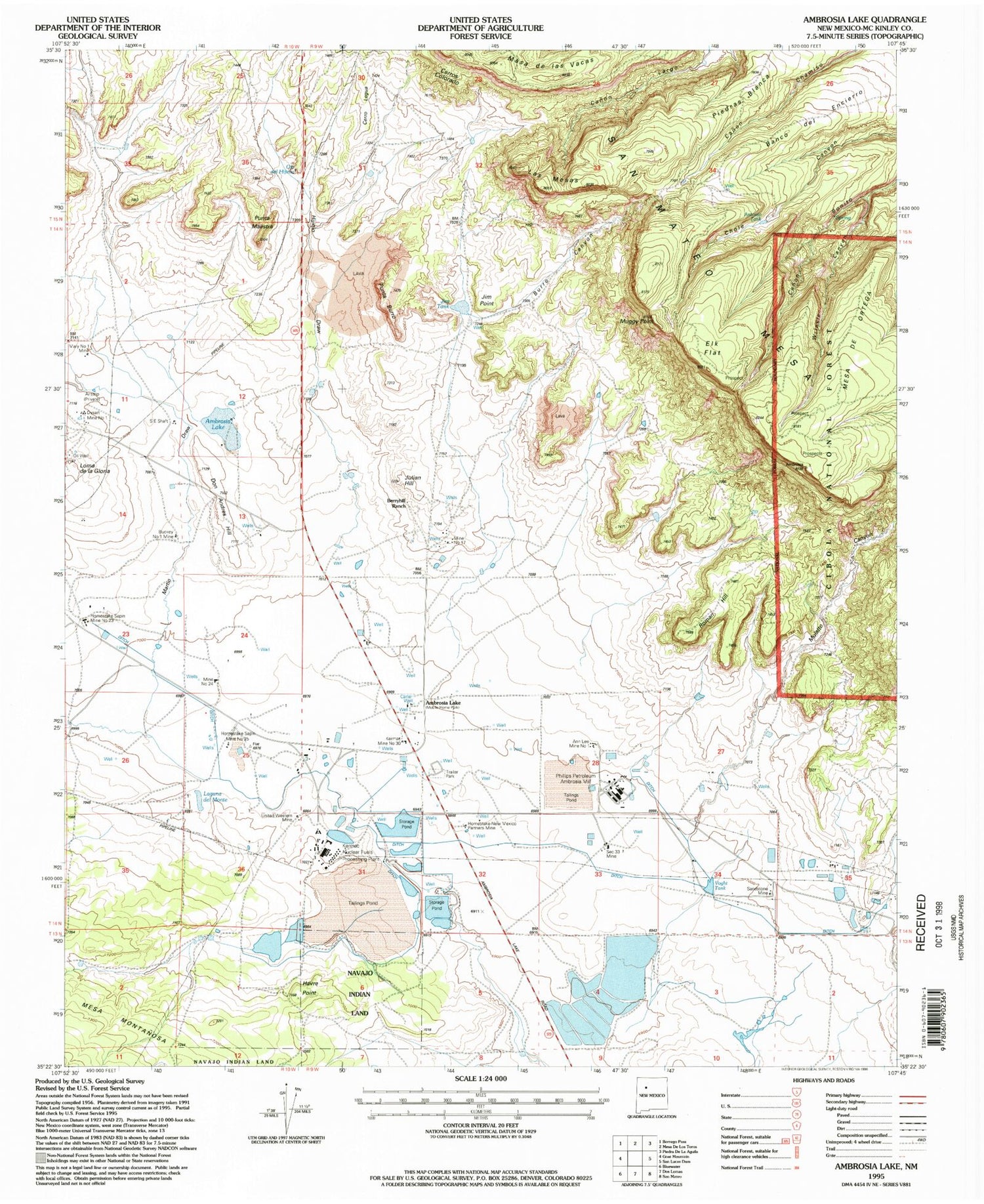 Classic USGS Ambrosia Lake New Mexico 7.5'x7.5' Topo Map Image