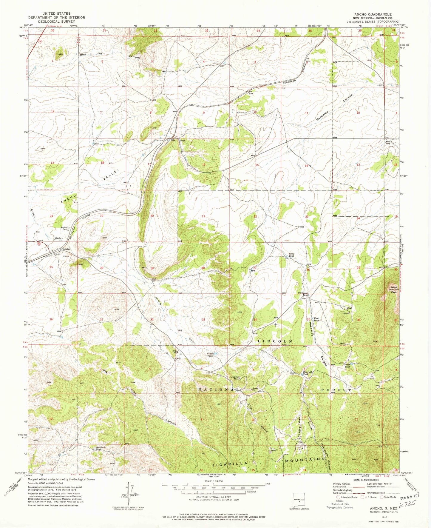 Classic USGS Ancho New Mexico 7.5'x7.5' Topo Map Image