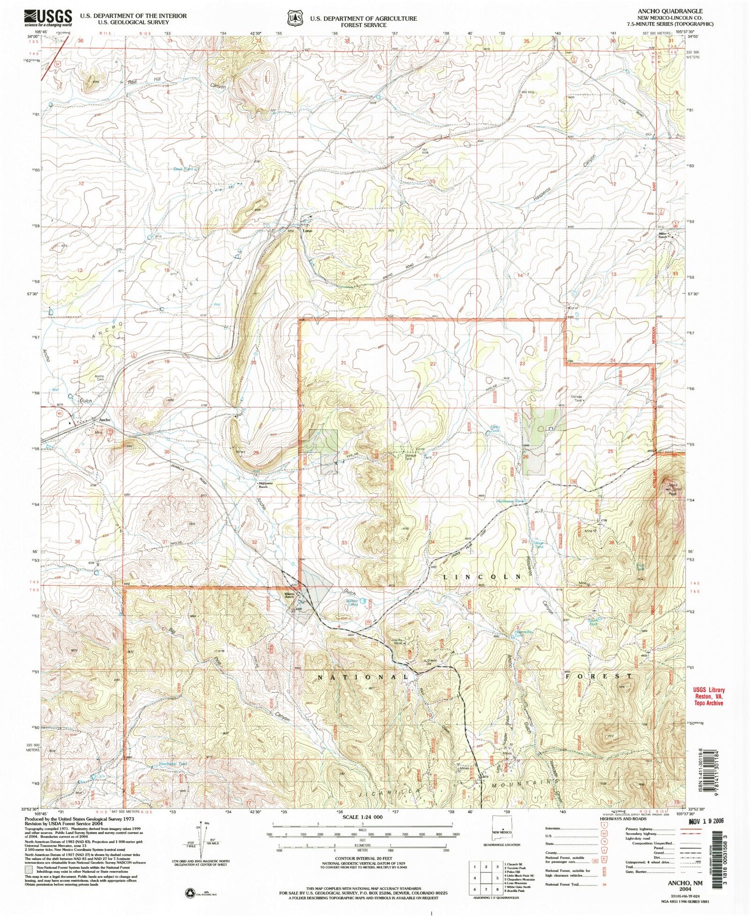 Classic USGS Ancho New Mexico 7.5'x7.5' Topo Map Image