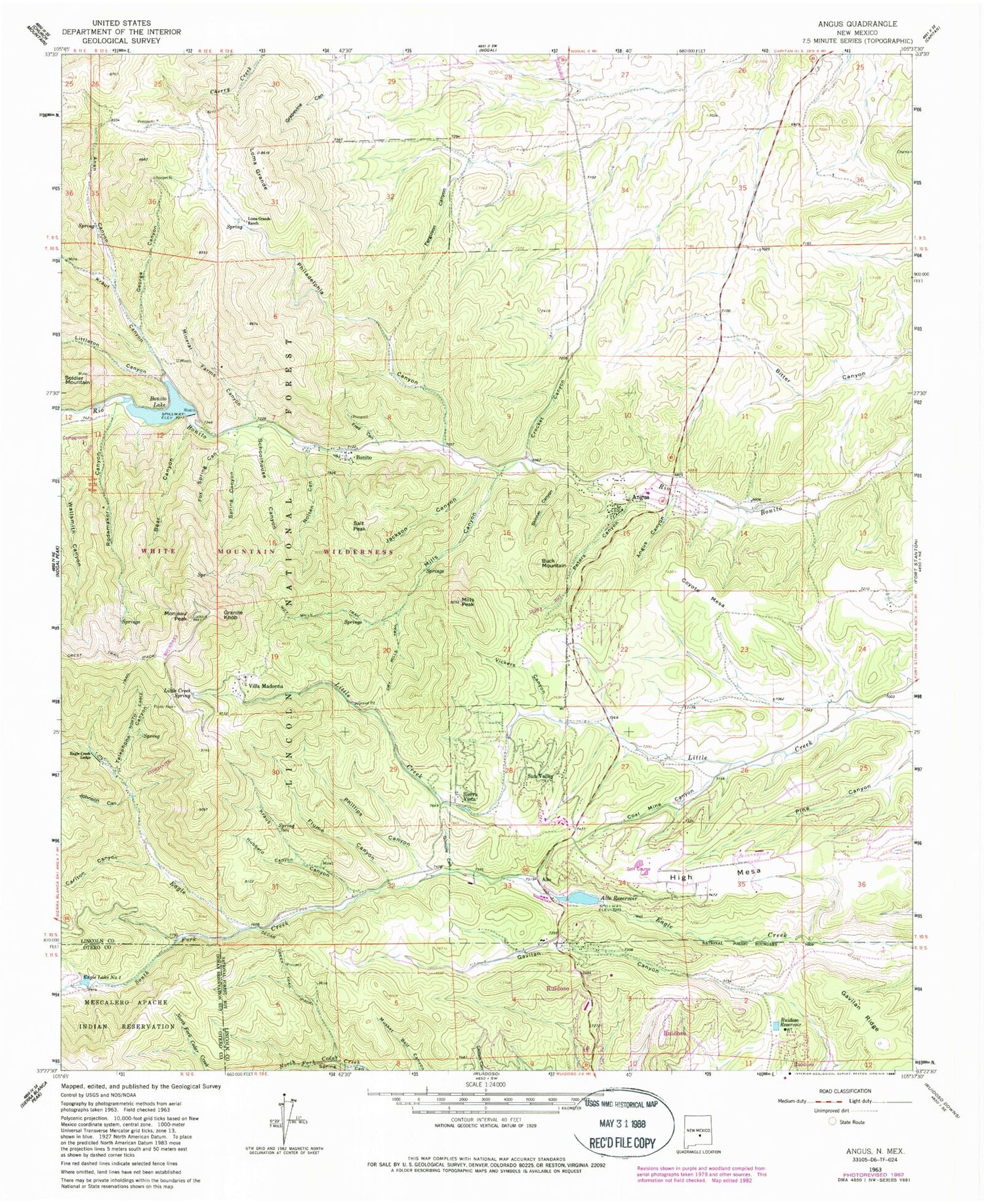 Classic USGS Angus New Mexico 7.5'x7.5' Topo Map Image