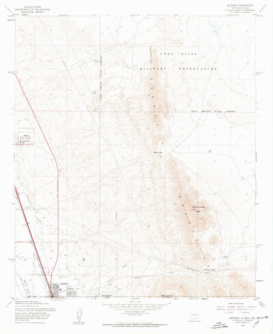 Classic USGS Anthony New Mexico 7.5'x7.5' Topo Map Image