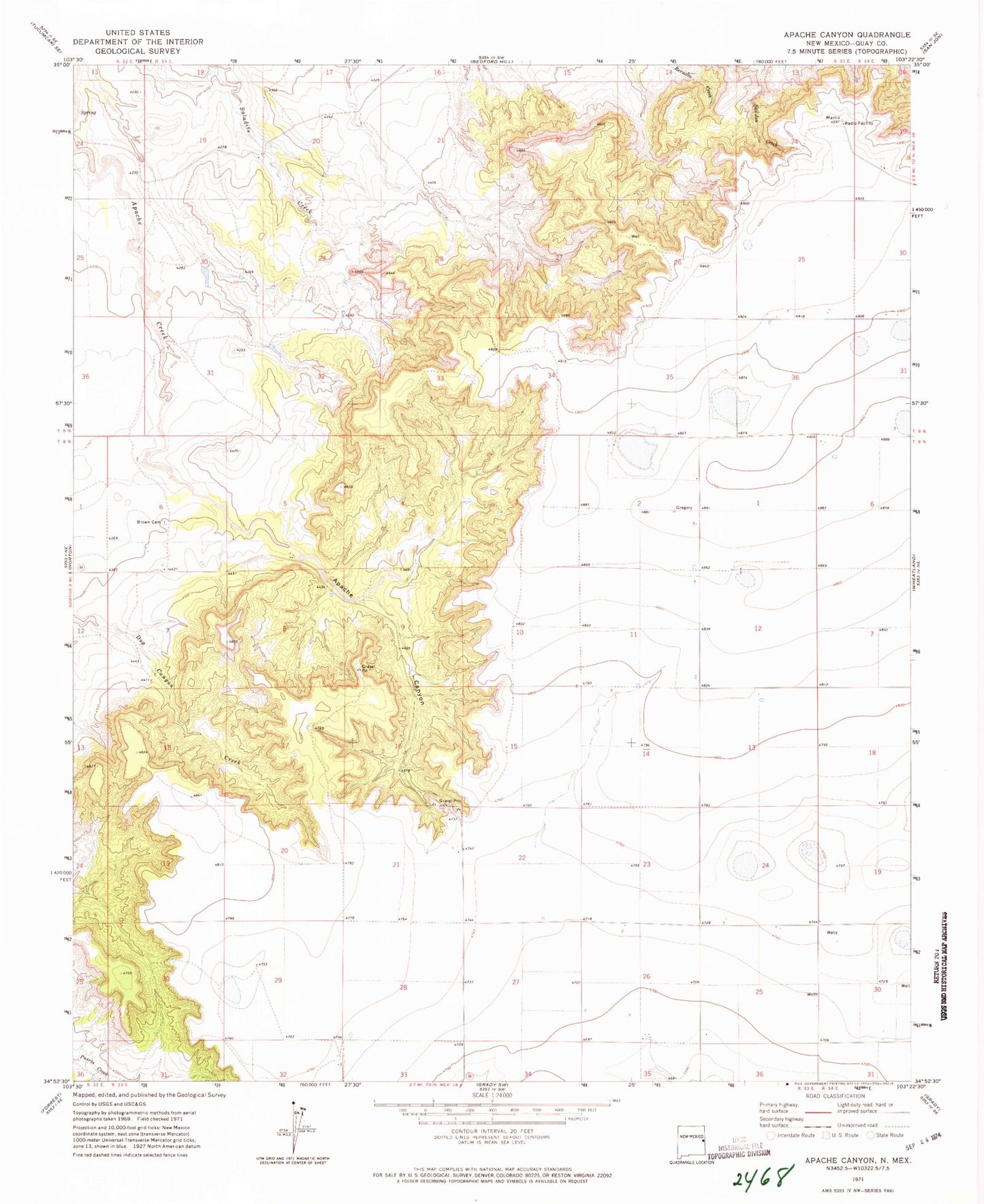 Classic USGS Apache Canyon New Mexico 7.5'x7.5' Topo Map Image