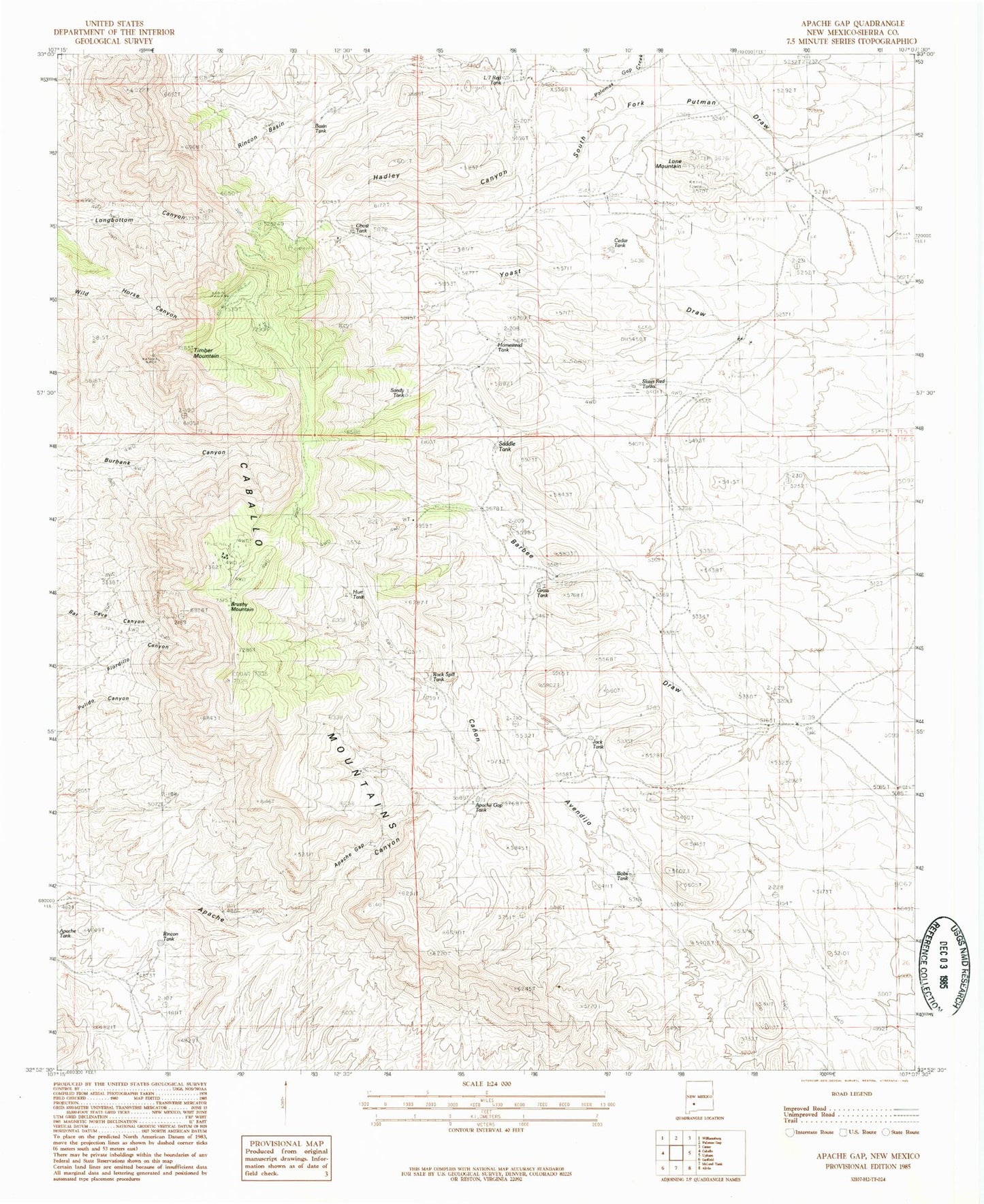 Classic USGS Apache Gap New Mexico 7.5'x7.5' Topo Map Image