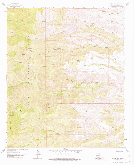 Classic USGS Apache Peak New Mexico 7.5'x7.5' Topo Map Image