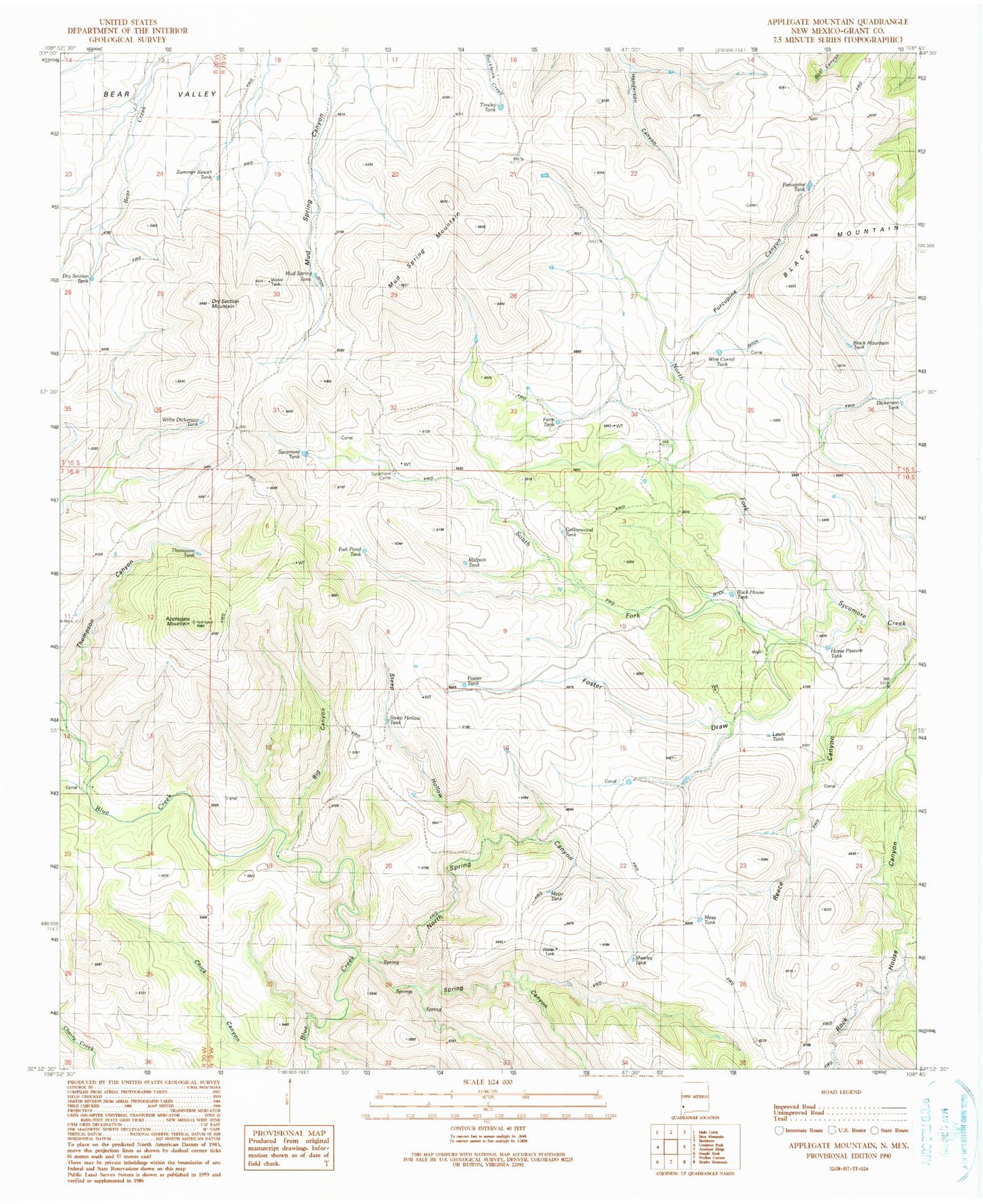Classic USGS Applegate Mountain New Mexico 7.5'x7.5' Topo Map Image
