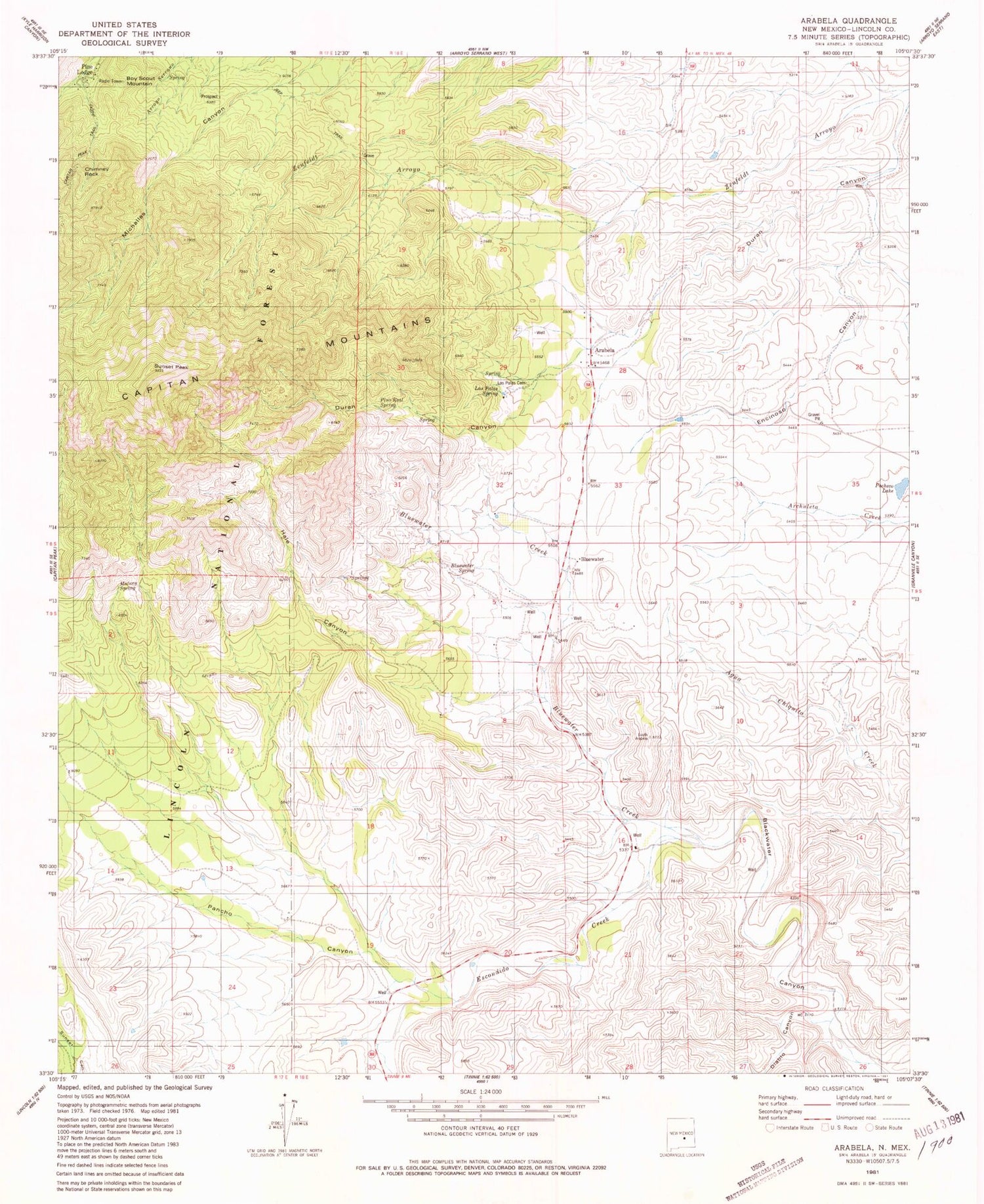 Classic USGS Arabela New Mexico 7.5'x7.5' Topo Map Image