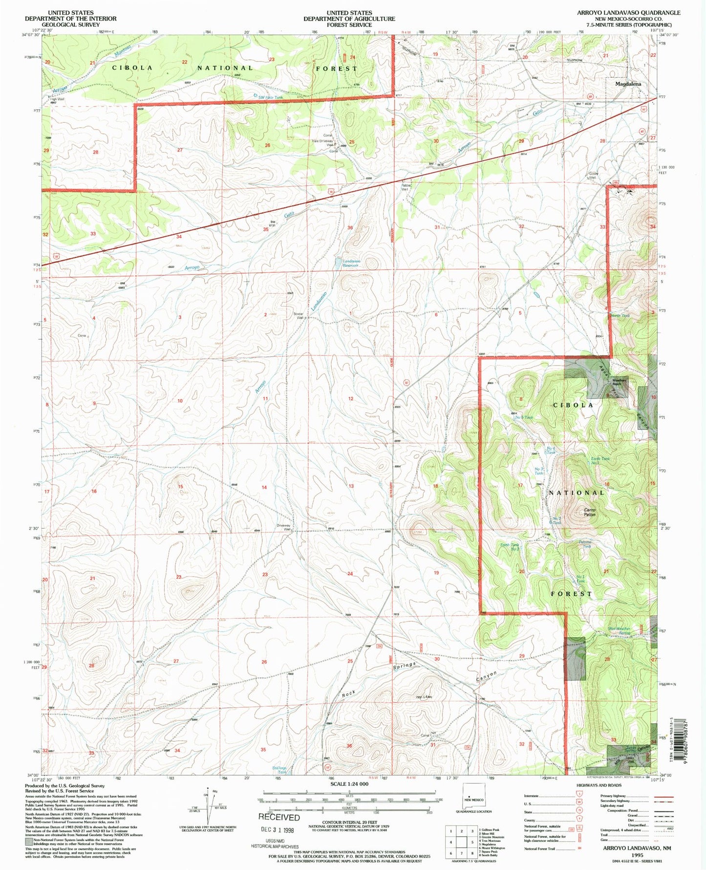 Classic USGS Arroyo Landavaso New Mexico 7.5'x7.5' Topo Map Image