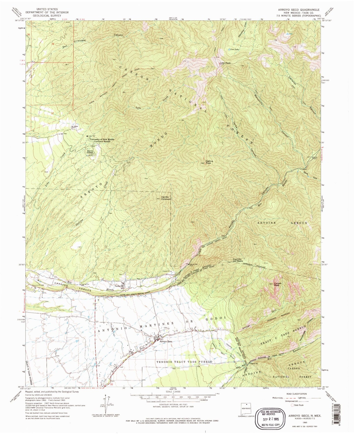Classic USGS Arroyo Seco New Mexico 7.5'x7.5' Topo Map Image