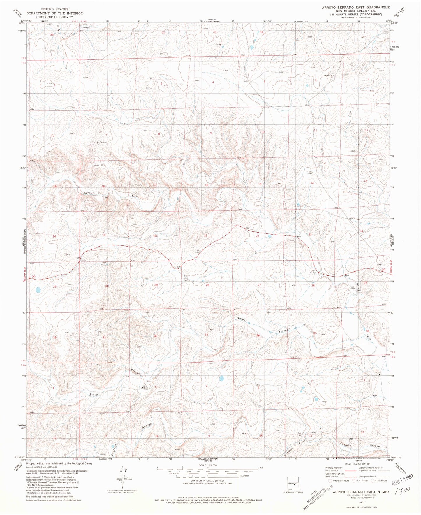 Classic USGS Arroyo Serrano East New Mexico 7.5'x7.5' Topo Map Image