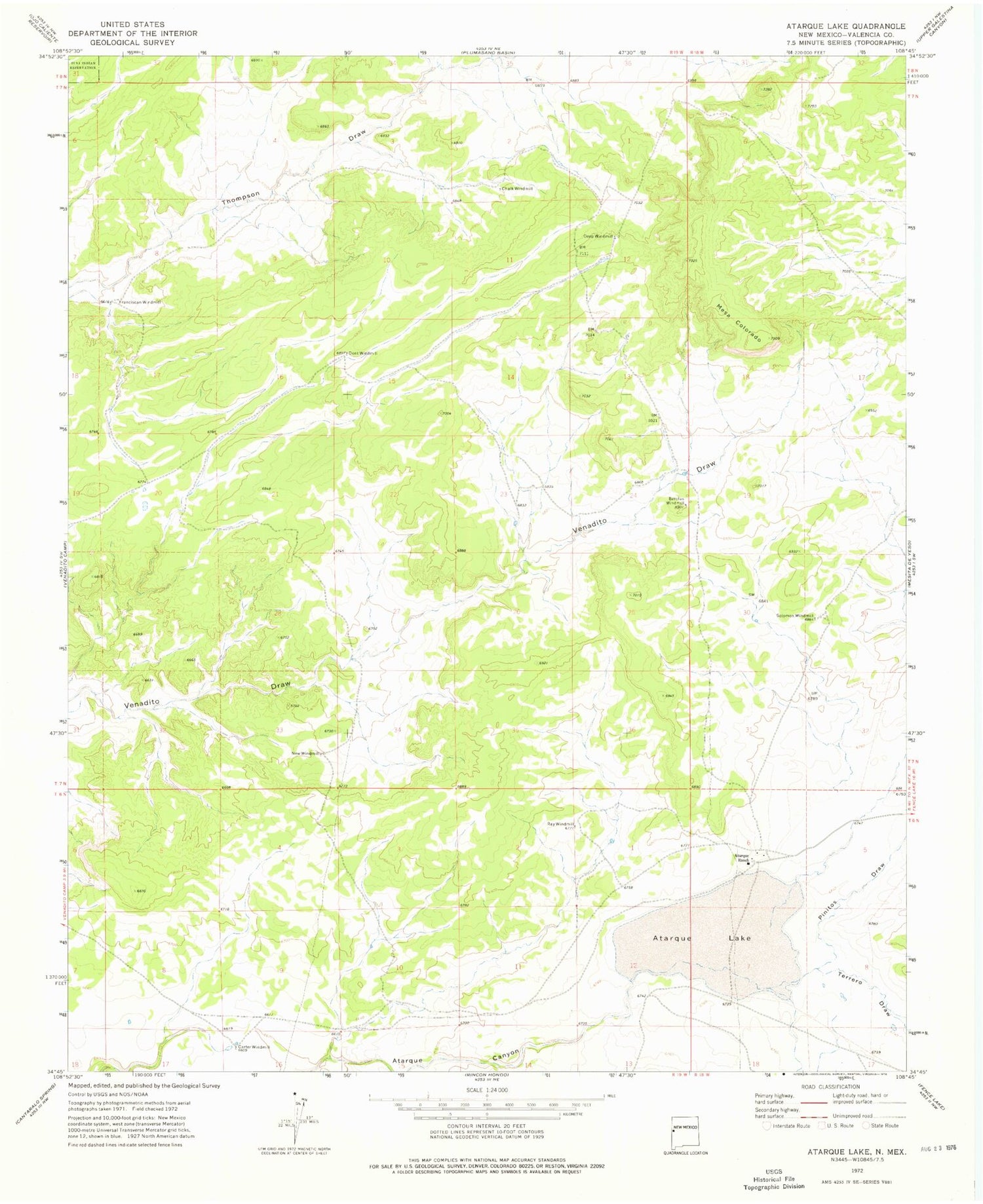 Classic USGS Atarque Lake New Mexico 7.5'x7.5' Topo Map Image