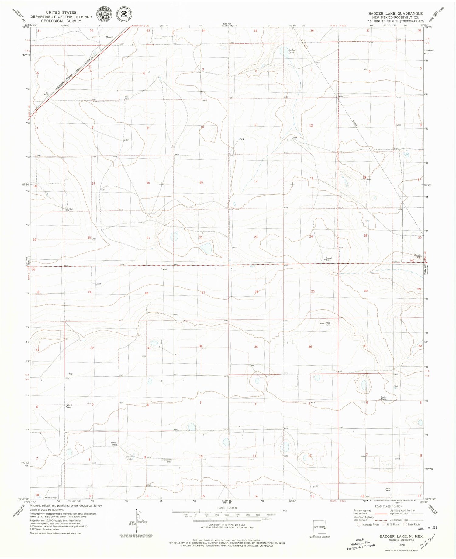 Classic USGS Badger Lake New Mexico 7.5'x7.5' Topo Map Image