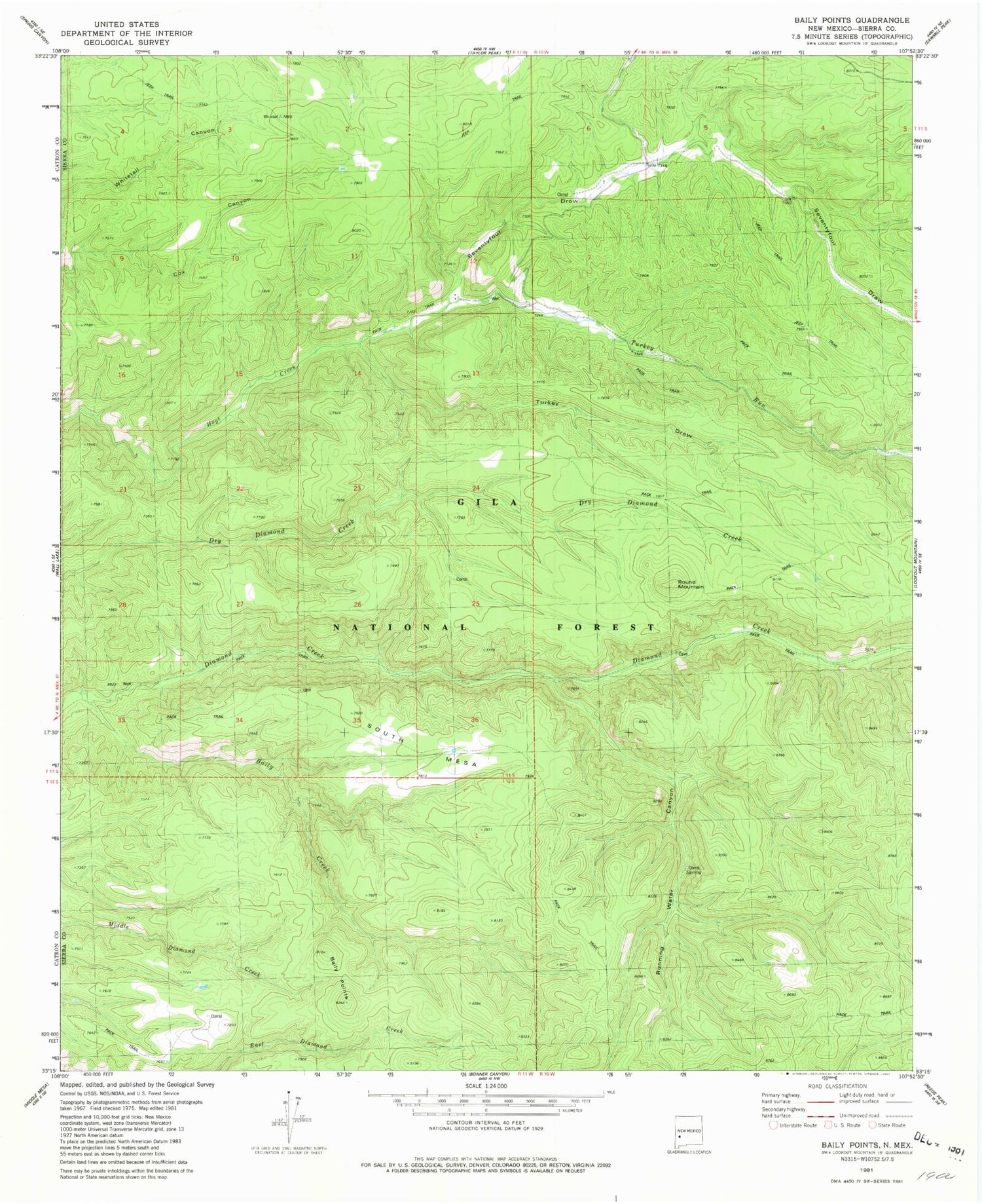 Classic USGS Baily Points New Mexico 7.5'x7.5' Topo Map Image