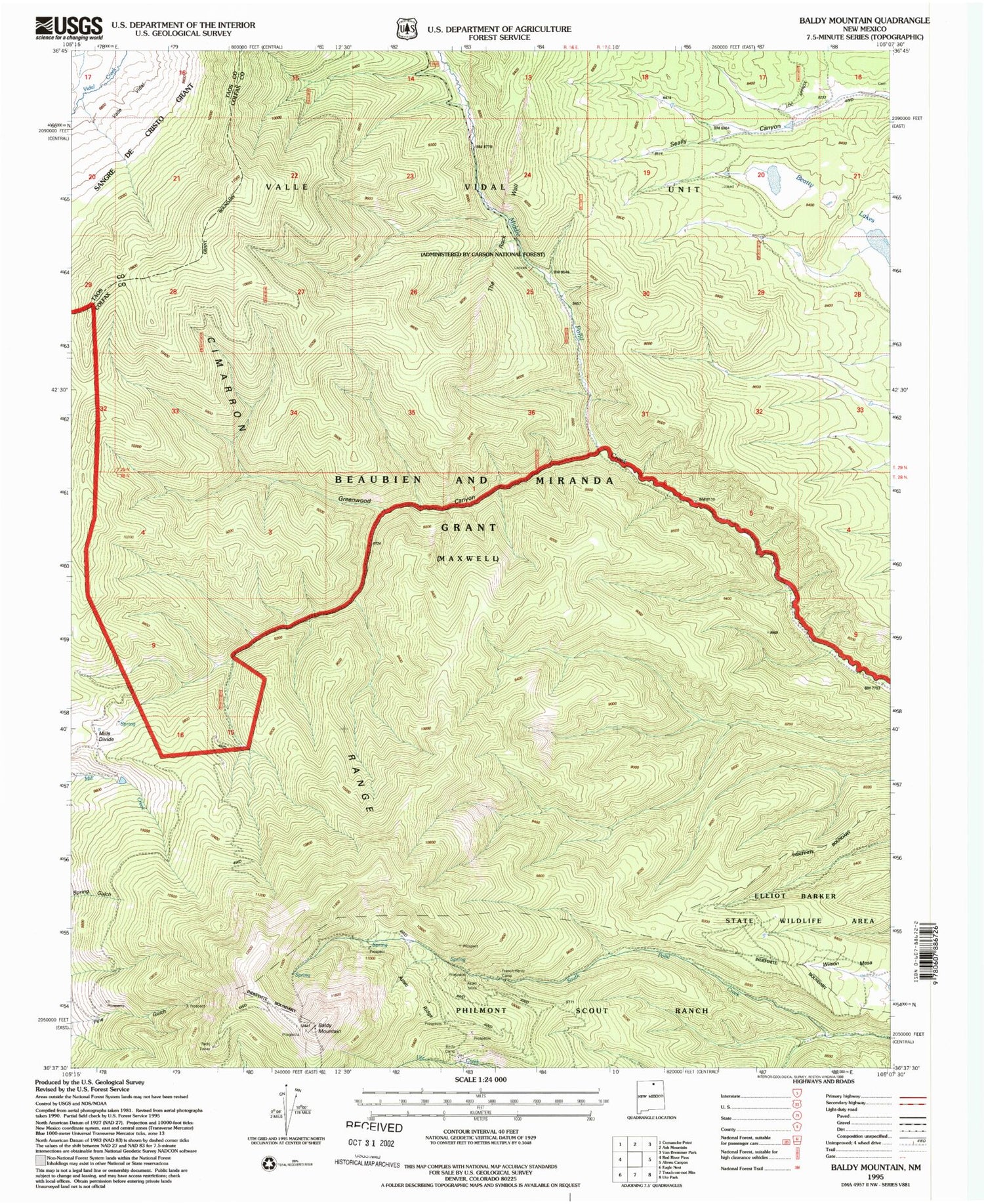 Classic USGS Baldy Mountain New Mexico 7.5'x7.5' Topo Map Image