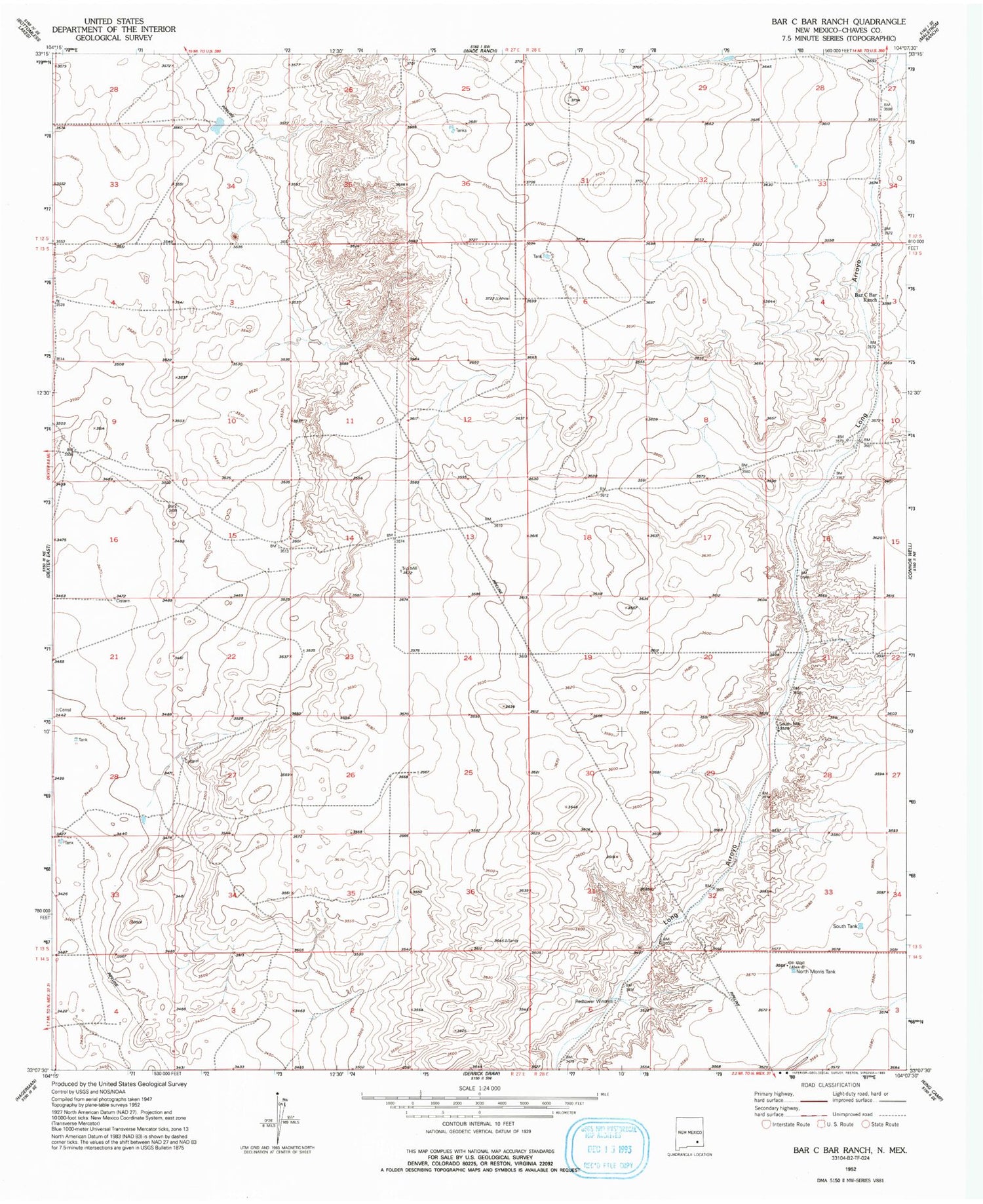 Classic USGS Bar C Bar Ranch New Mexico 7.5'x7.5' Topo Map Image