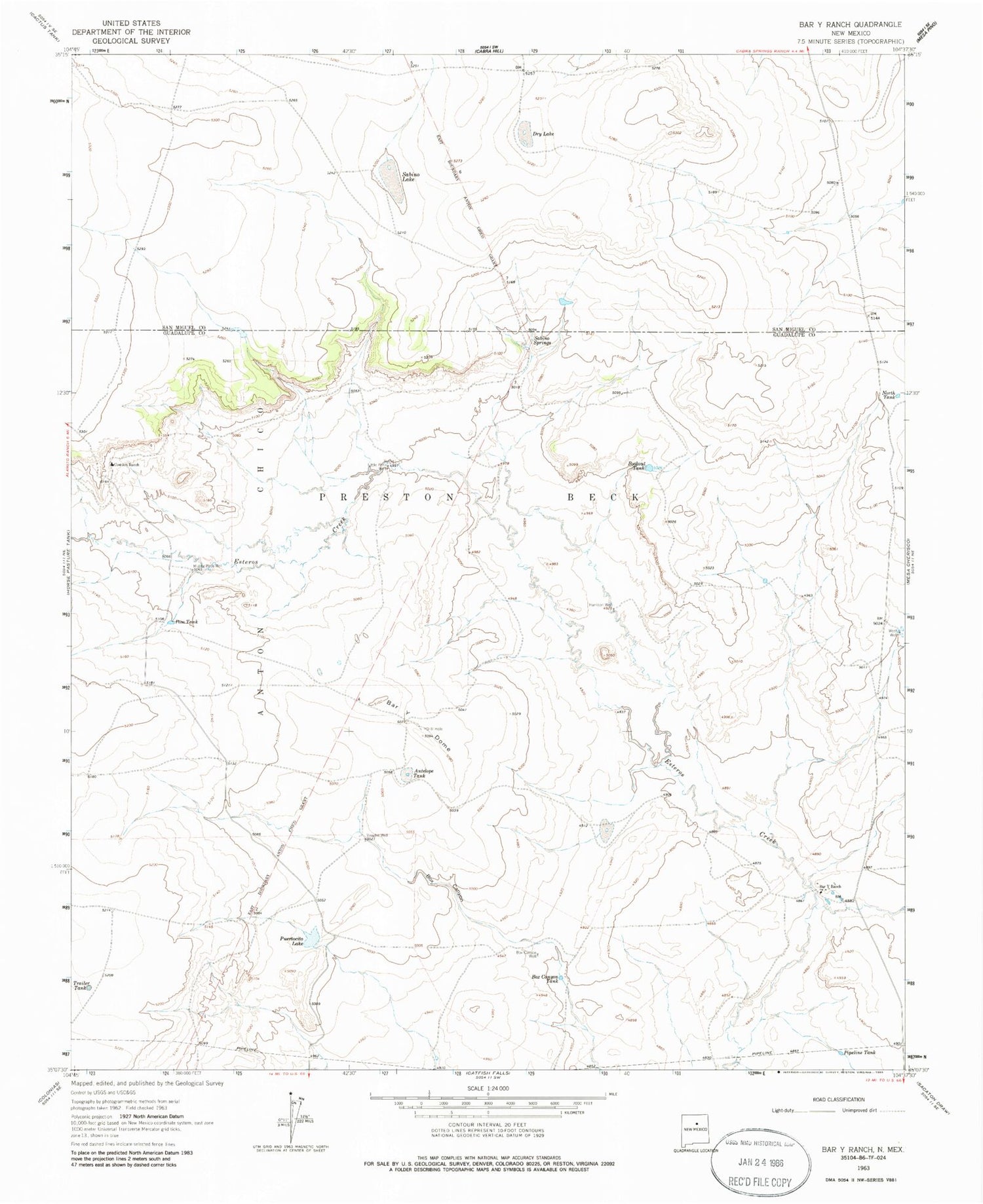 Classic USGS Bar Y Ranch New Mexico 7.5'x7.5' Topo Map Image