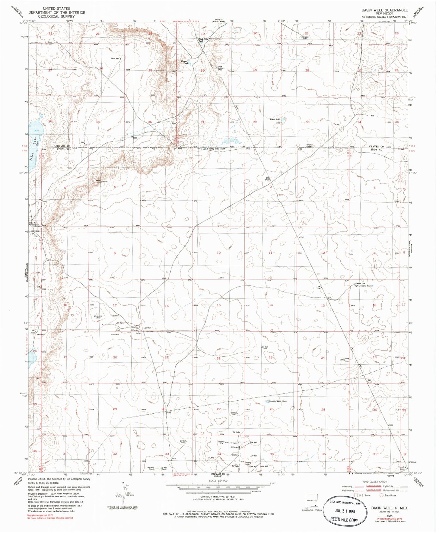Classic USGS Basin Well New Mexico 7.5'x7.5' Topo Map Image