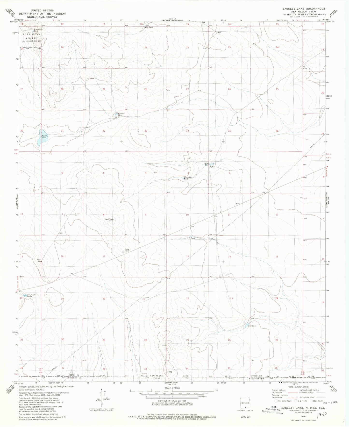 Classic USGS Bassett Lake New Mexico 7.5'x7.5' Topo Map Image