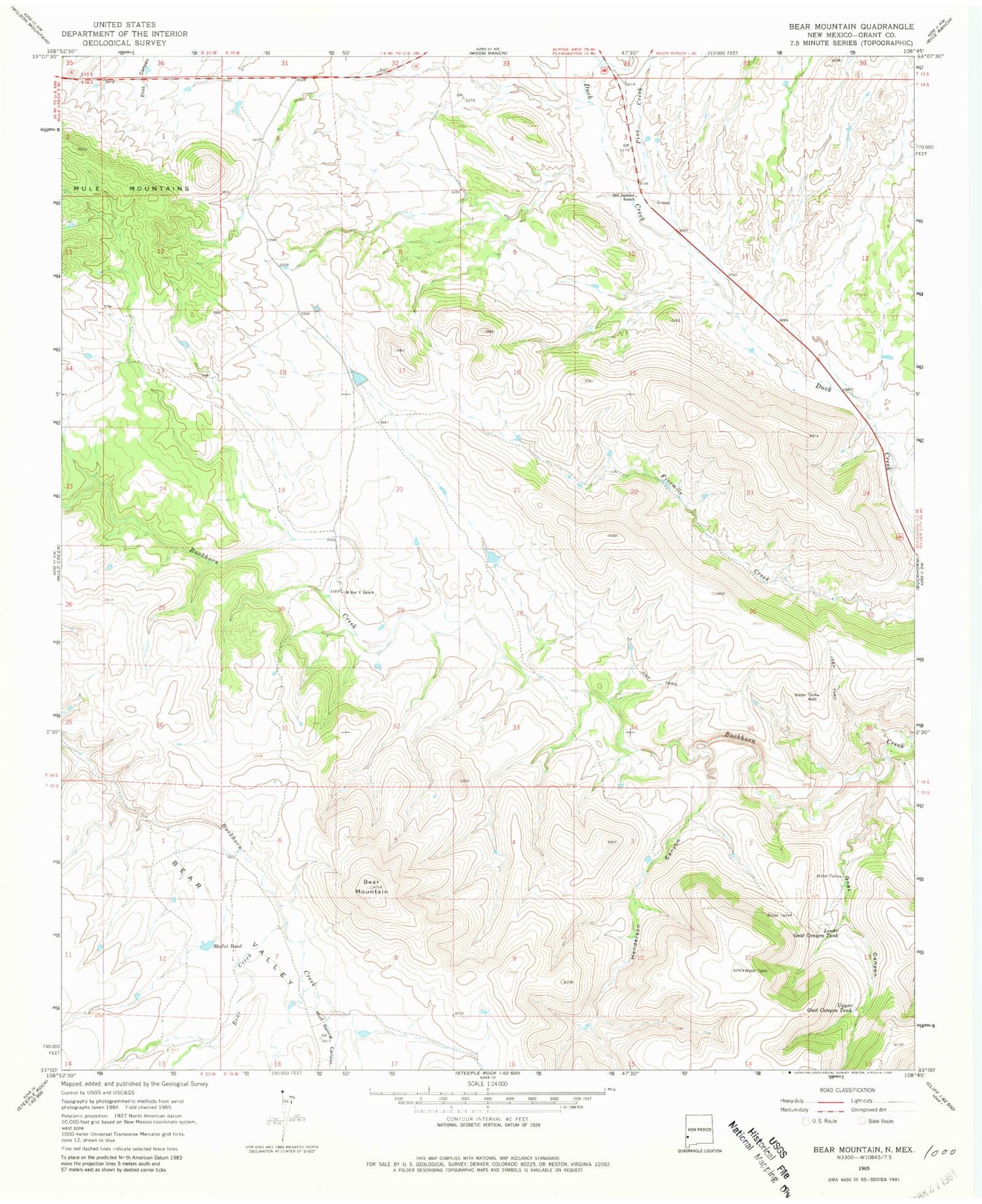 Classic USGS Bear Mountain New Mexico 7.5'x7.5' Topo Map Image