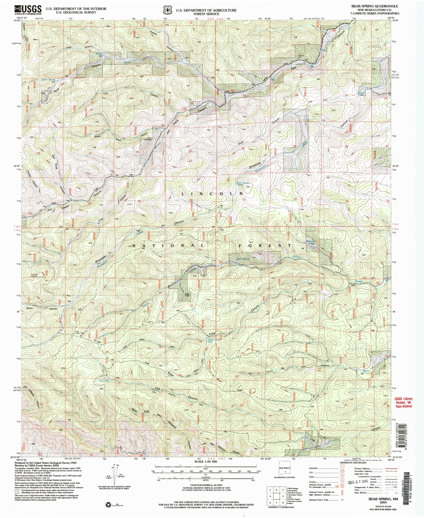 USGS Classic Bear Spring New Mexico 7.5'x7.5' Topo Map Image