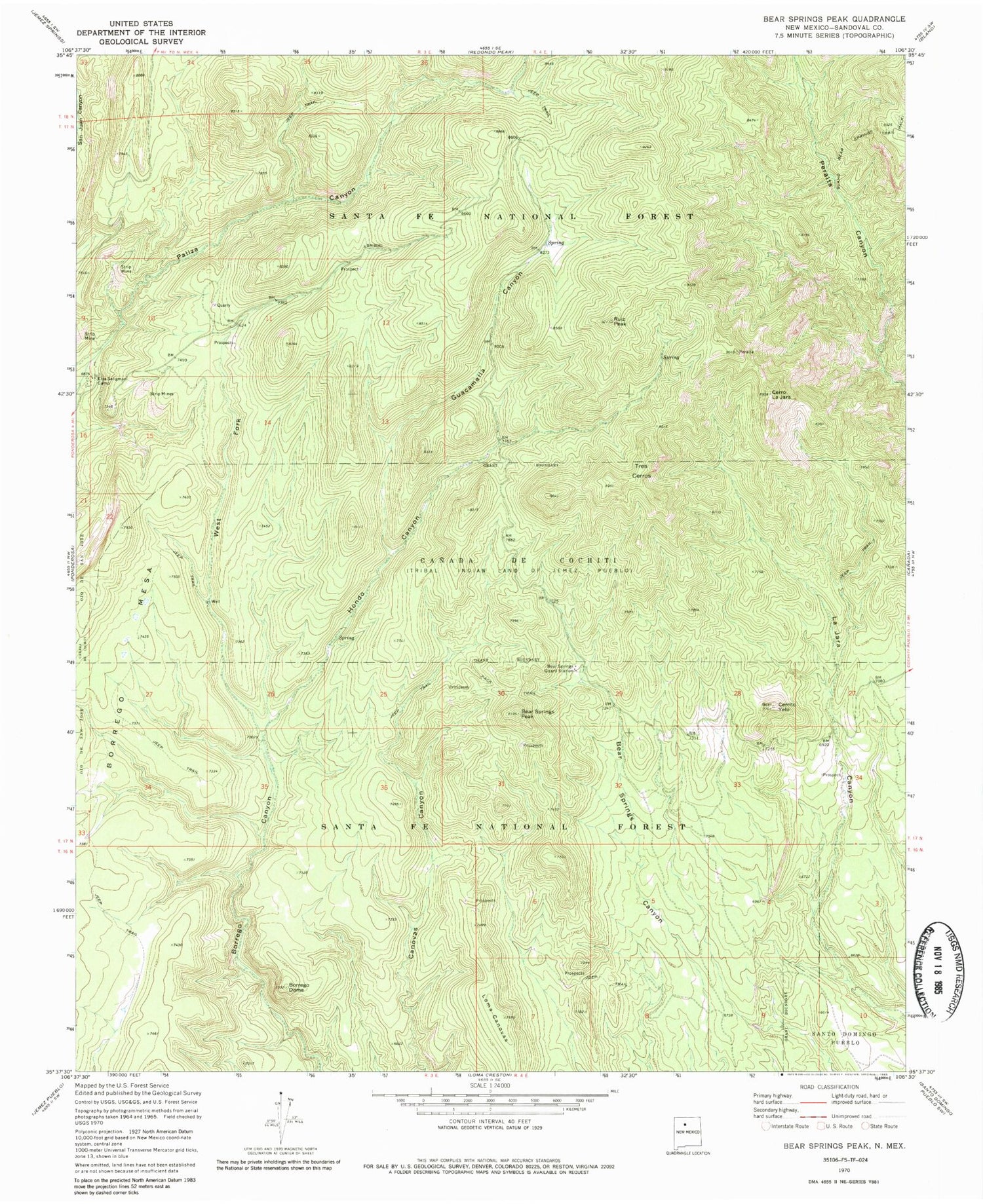 Classic USGS Bear Springs Peak New Mexico 7.5'x7.5' Topo Map Image