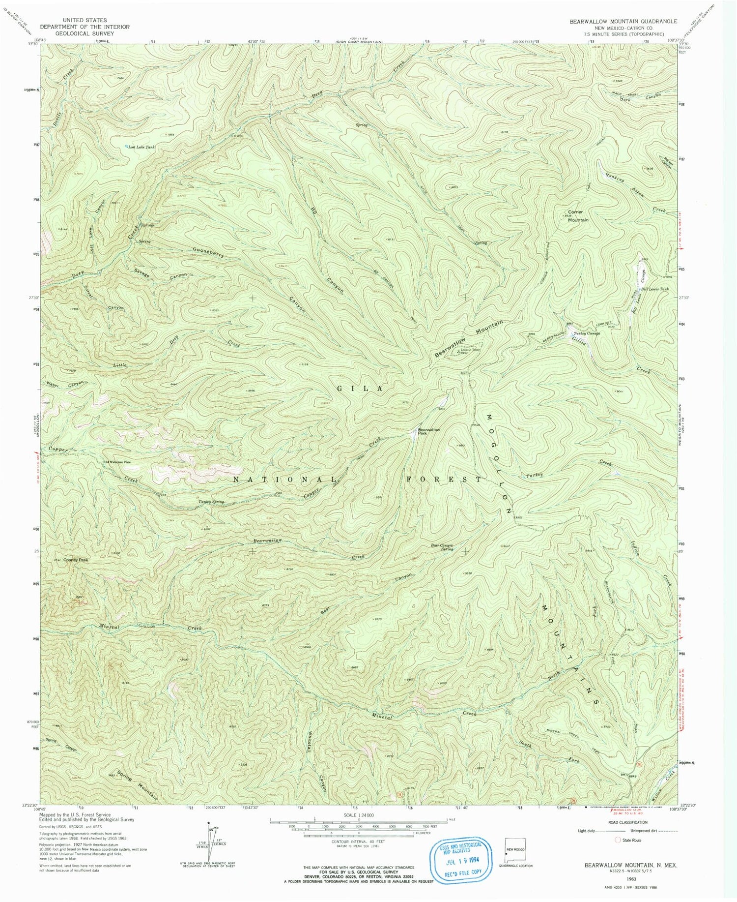 Classic USGS Bearwallow Mountain New Mexico 7.5'x7.5' Topo Map Image