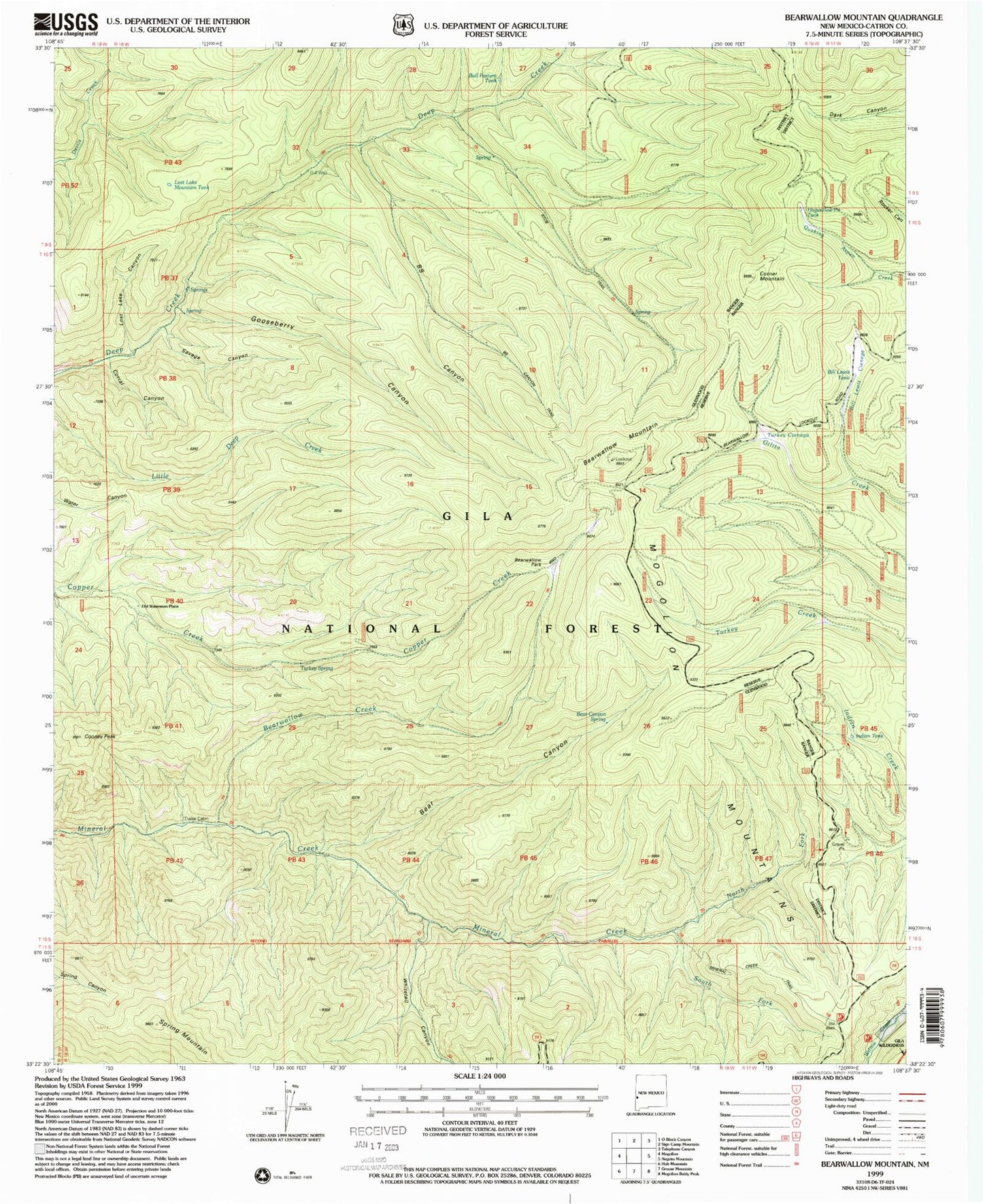 Classic USGS Bearwallow Mountain New Mexico 7.5'x7.5' Topo Map Image