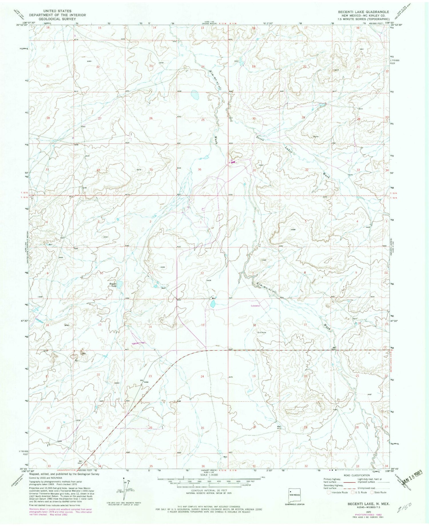 Classic USGS Becenti Lake New Mexico 7.5'x7.5' Topo Map Image