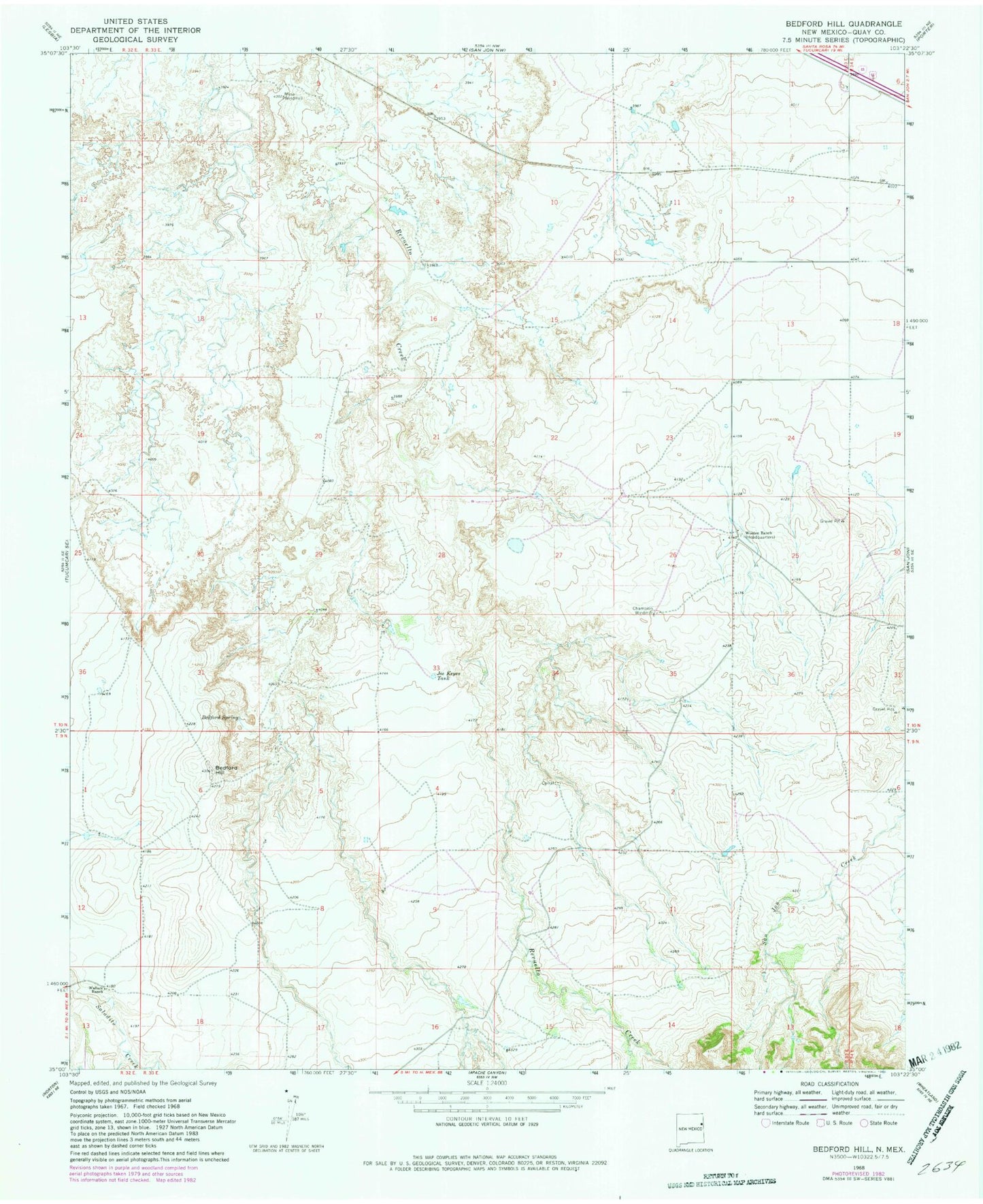 Classic USGS Bedford Hill New Mexico 7.5'x7.5' Topo Map Image