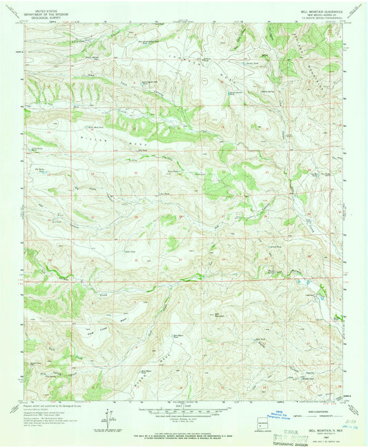 Classic USGS Bell Mountain New Mexico 7.5'x7.5' Topo Map Image