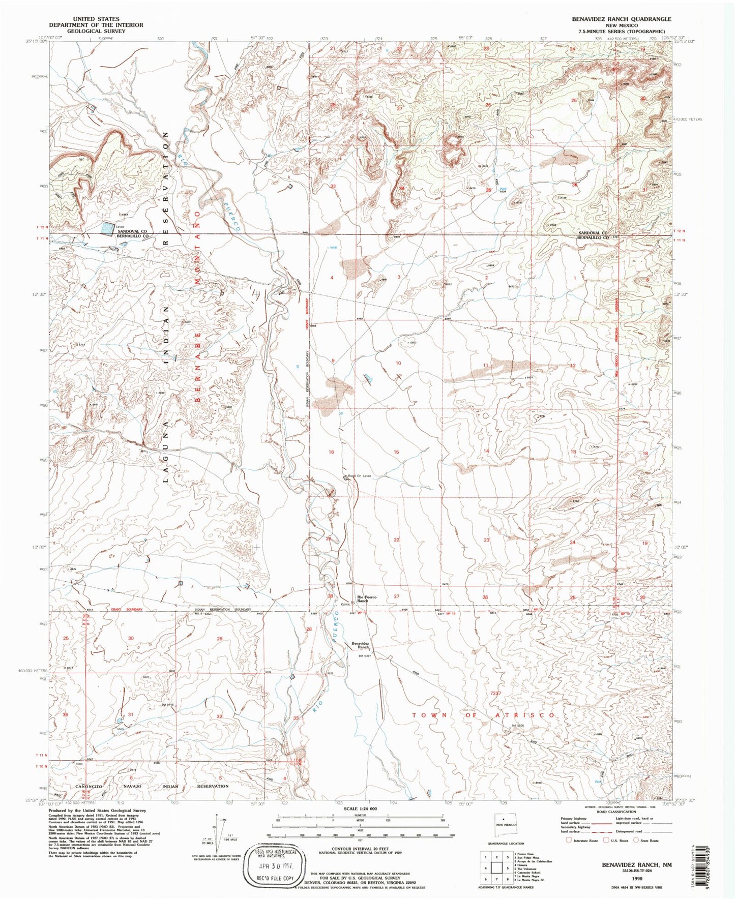 Classic USGS Benavidez Ranch New Mexico 7.5'x7.5' Topo Map Image