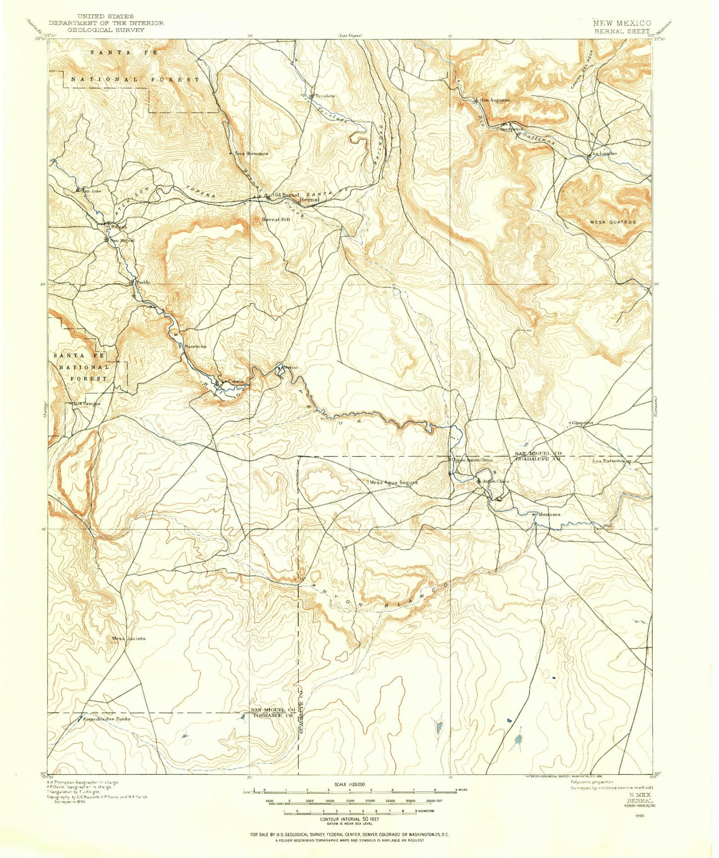 Historic 1890 Bernal New Mexico 30'x30' Topo Map Image