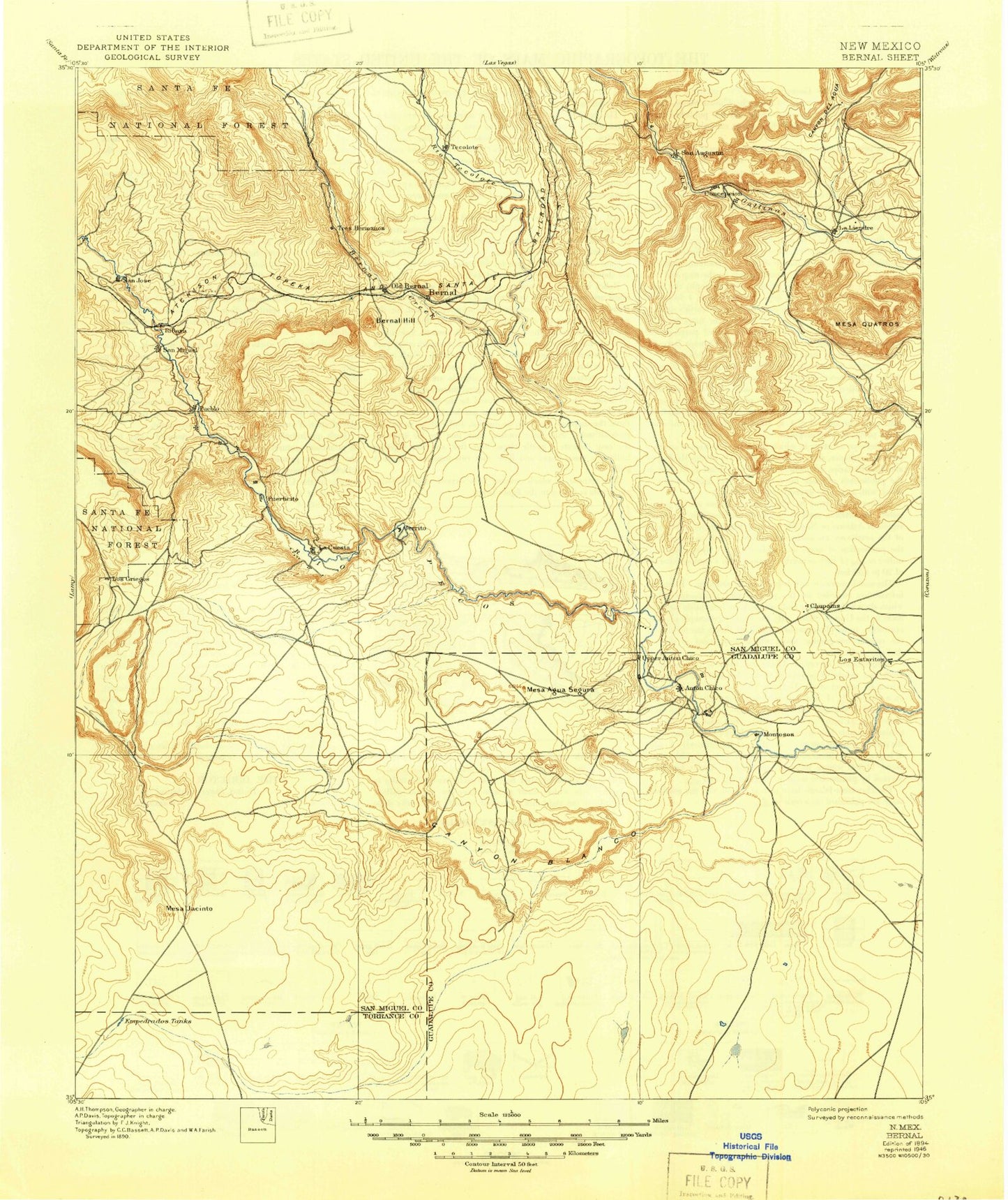 Historic 1894 Bernal New Mexico 30'x30' Topo Map Image