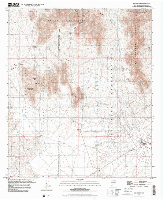 Classic USGS Bishop Cap New Mexico 7.5'x7.5' Topo Map Image