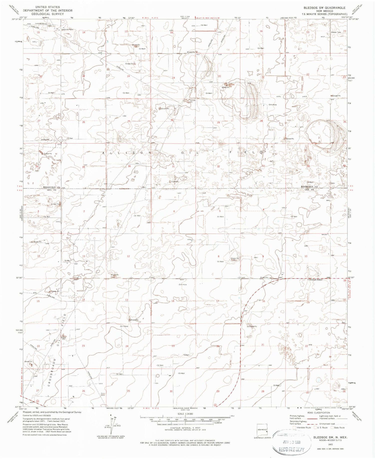 Classic USGS Bledsoe SW New Mexico 7.5'x7.5' Topo Map Image