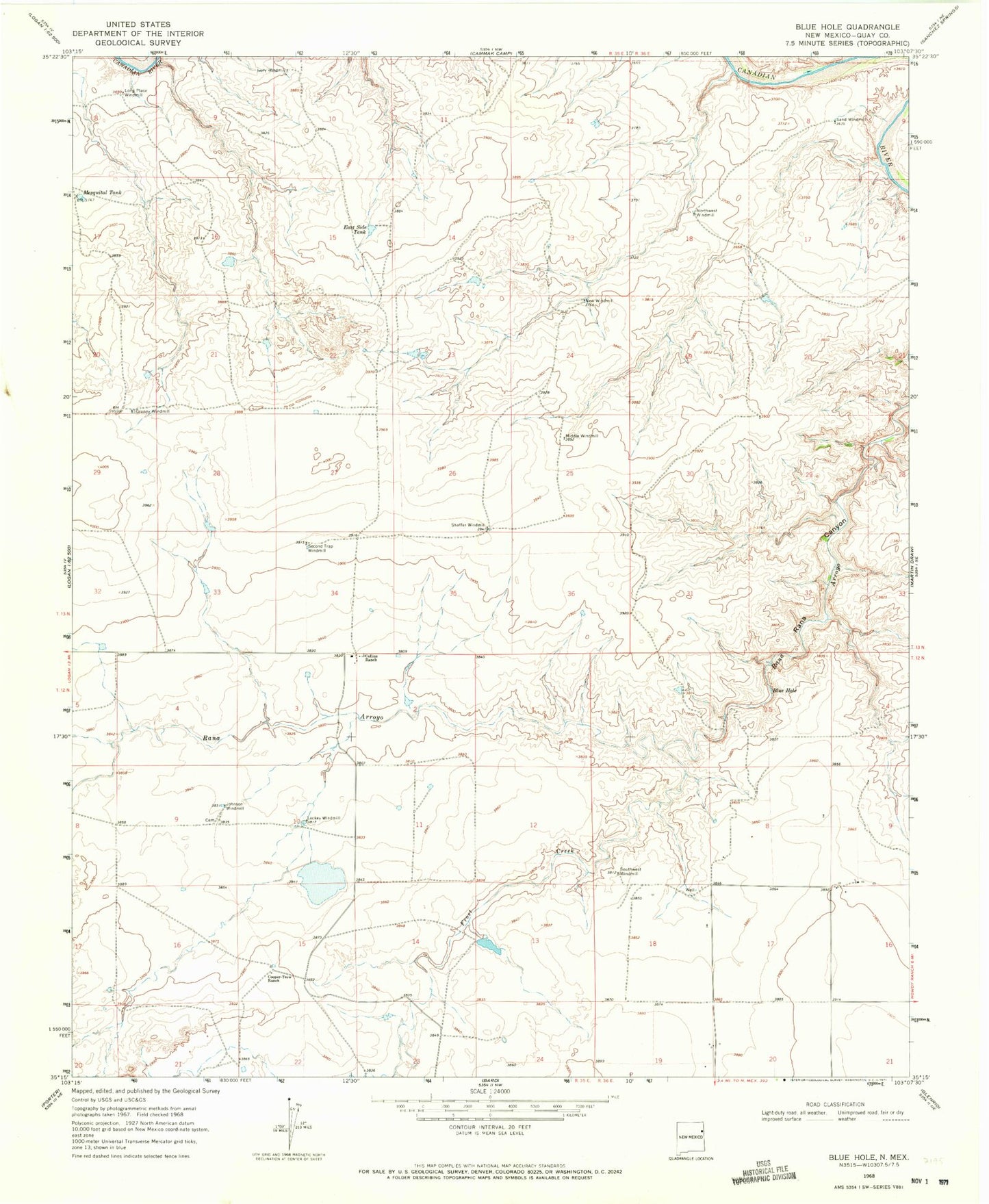 Classic USGS Blue Hole New Mexico 7.5'x7.5' Topo Map Image