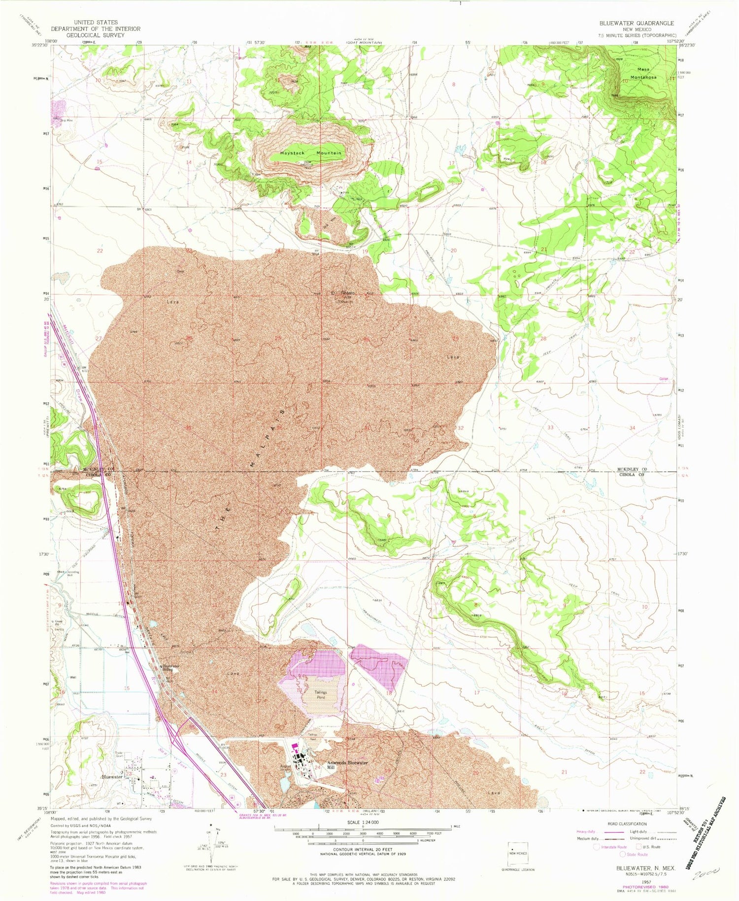 Classic USGS Bluewater New Mexico 7.5'x7.5' Topo Map Image