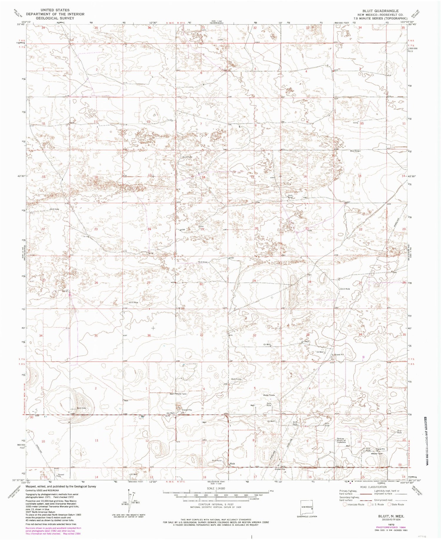 Classic USGS Bluit New Mexico 7.5'x7.5' Topo Map Image