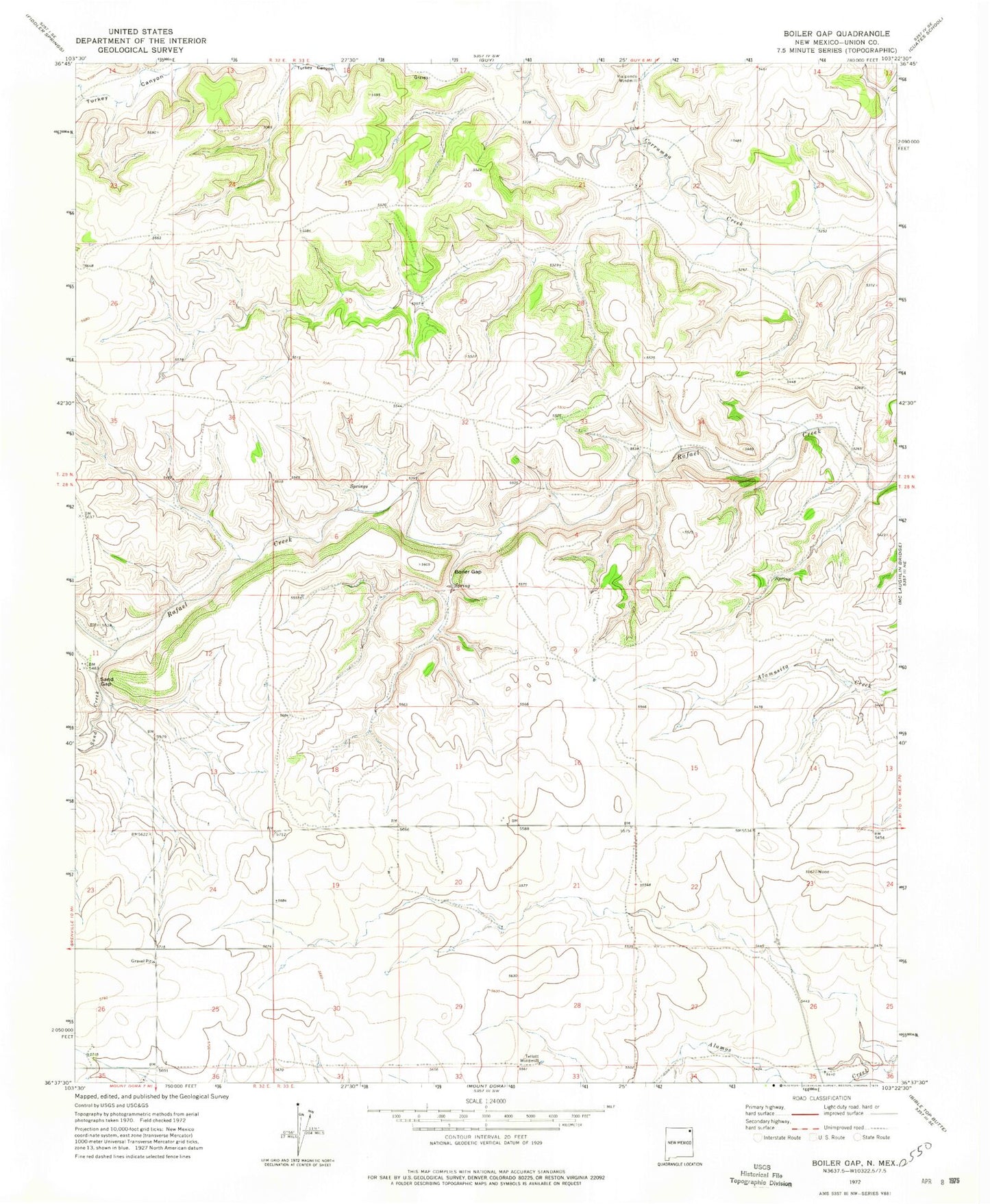 Classic USGS Boiler Gap New Mexico 7.5'x7.5' Topo Map Image