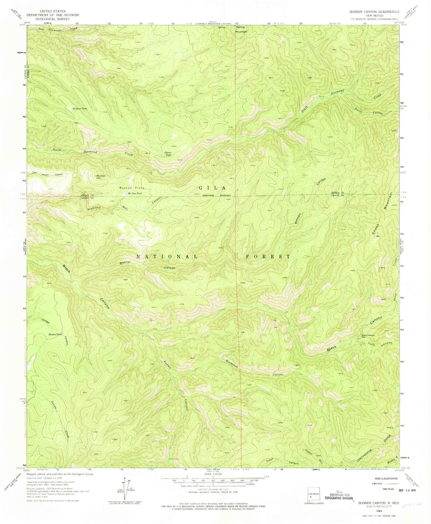 Classic USGS Bonner Canyon New Mexico 7.5'x7.5' Topo Map Image