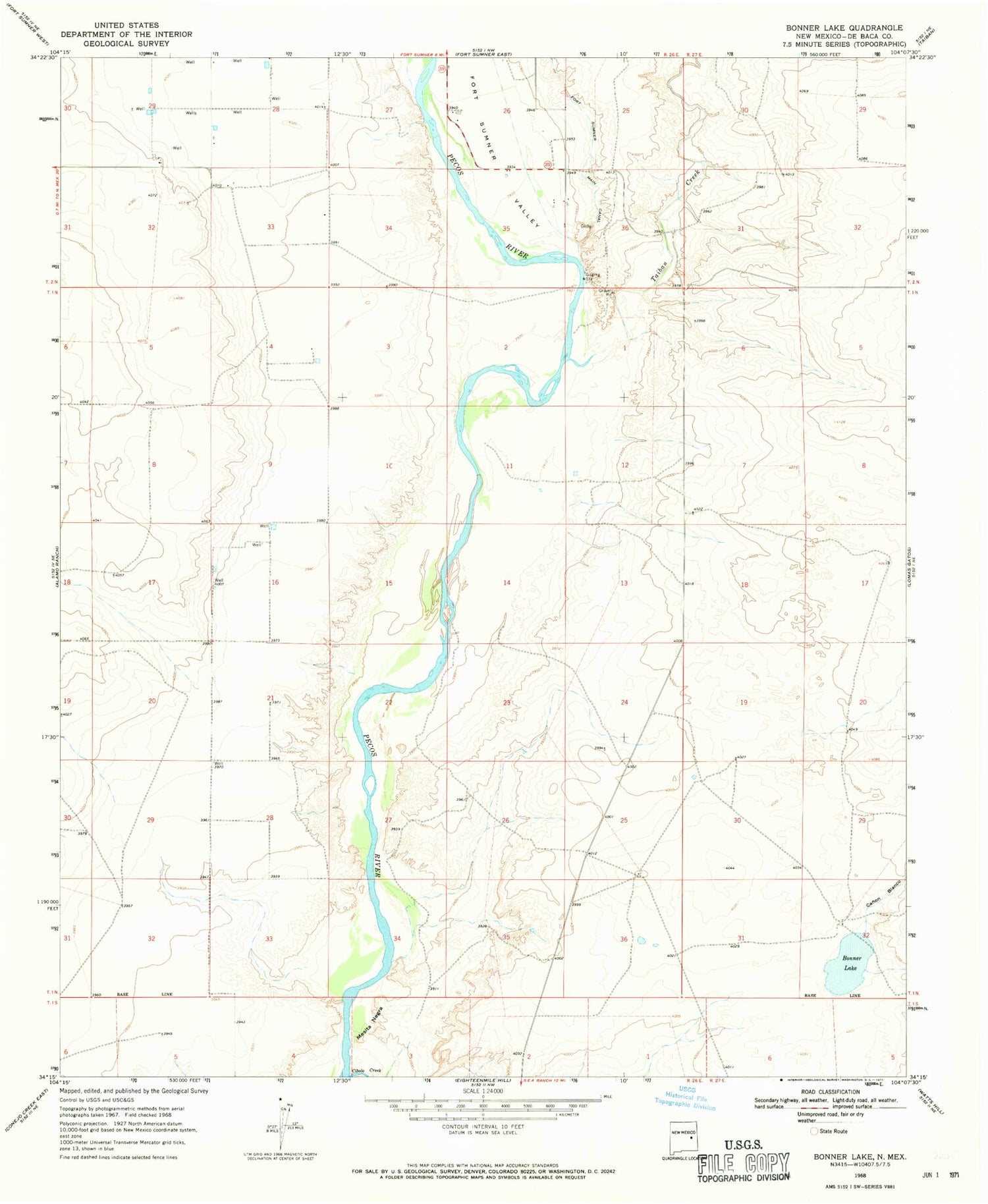 Classic USGS Bonner Lake New Mexico 7.5'x7.5' Topo Map Image