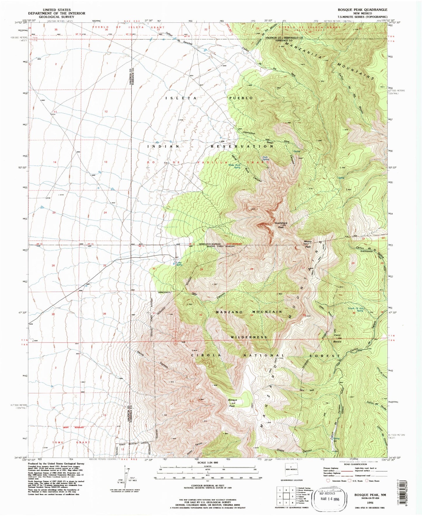 Classic USGS Bosque Peak New Mexico 7.5'x7.5' Topo Map Image