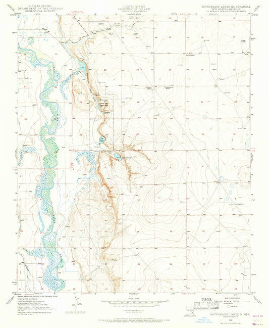 Classic USGS Bottomless Lakes New Mexico 7.5'x7.5' Topo Map Image